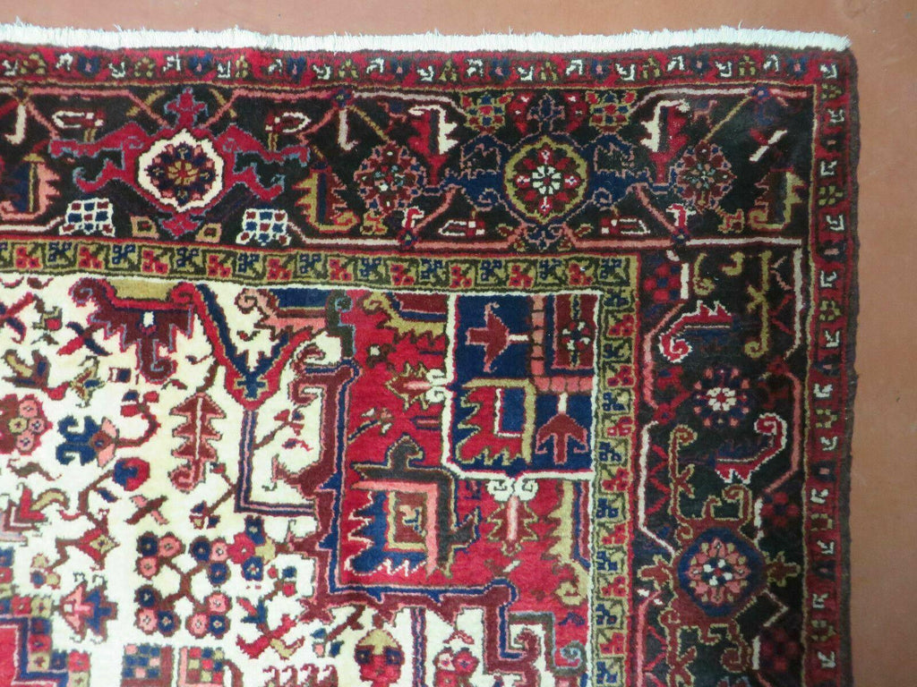 Wonderful Persian Heriz Rug 8.6 x 11, Geometric Heriz Carpet, Semi Antique Decorative Area Rug, Red Ivory Dark Blue Handmade Wool Room Sized