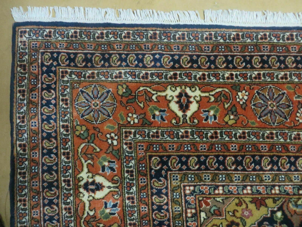 Indo Persian Rug 9x12, Semi Open Field Medallion, Ivory Tomato Red Navy Blue, Hand Knotted Indian Oriental Wool Carpet 9 x 12 ft, Room Sized