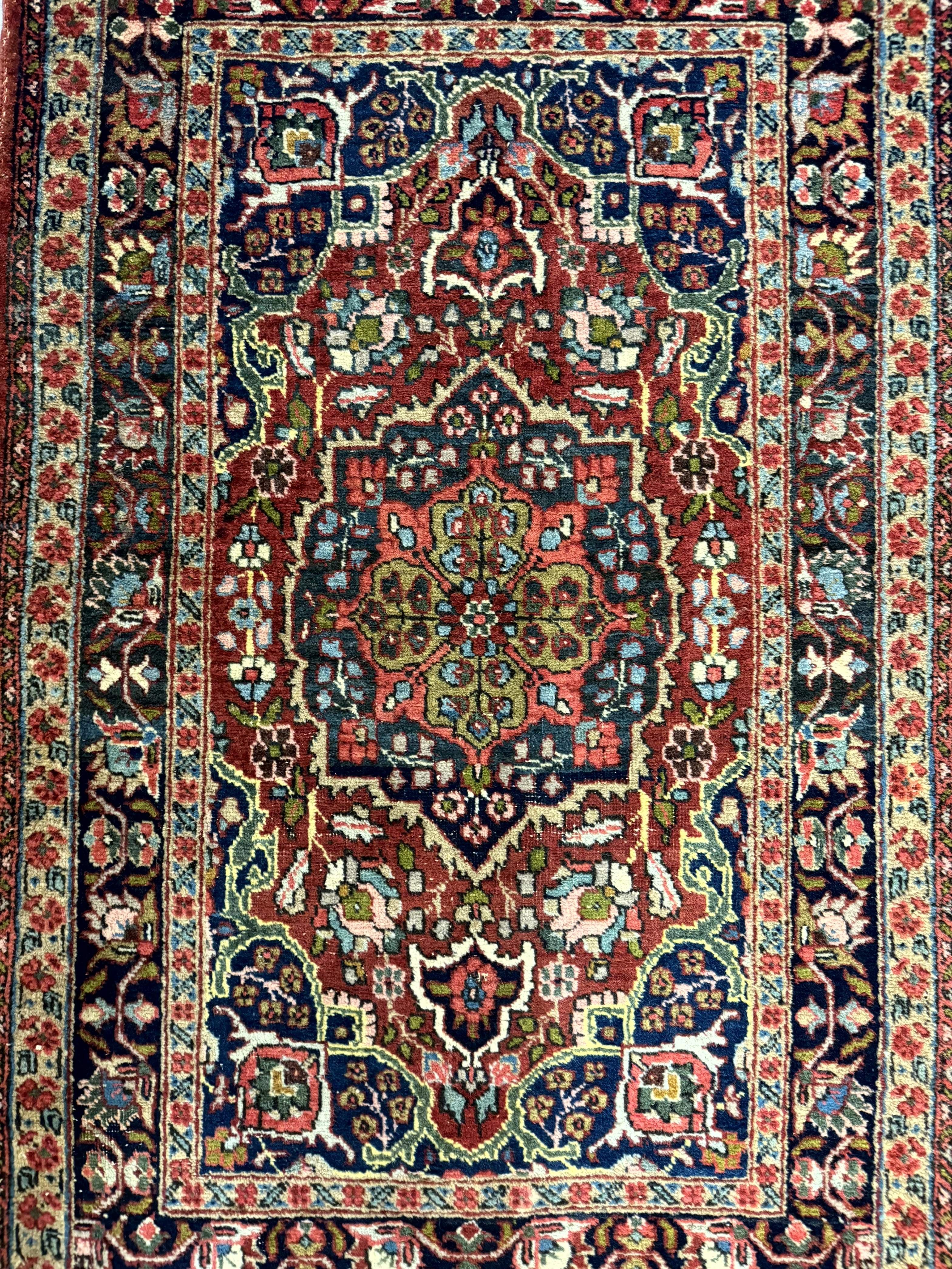 Antique Persian Tabriz Rug 3x5, Brick Red Navy Blue, Floral Medallion, Small Persian Carpet