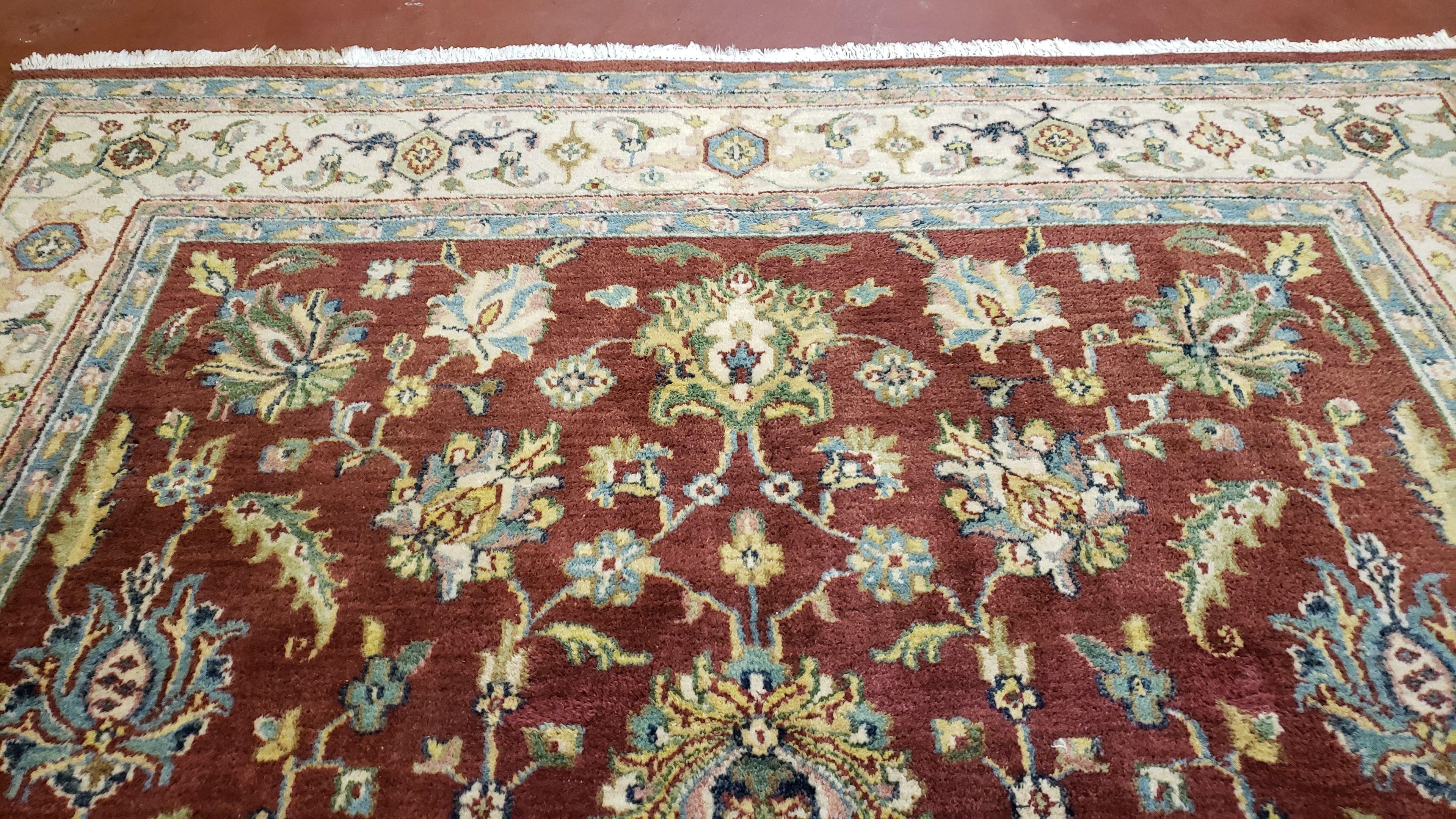 8x12 Indo-Mahal Rug, Floral Allover, Red & Beige, Wool Vintage Handmade Traditional Carpet