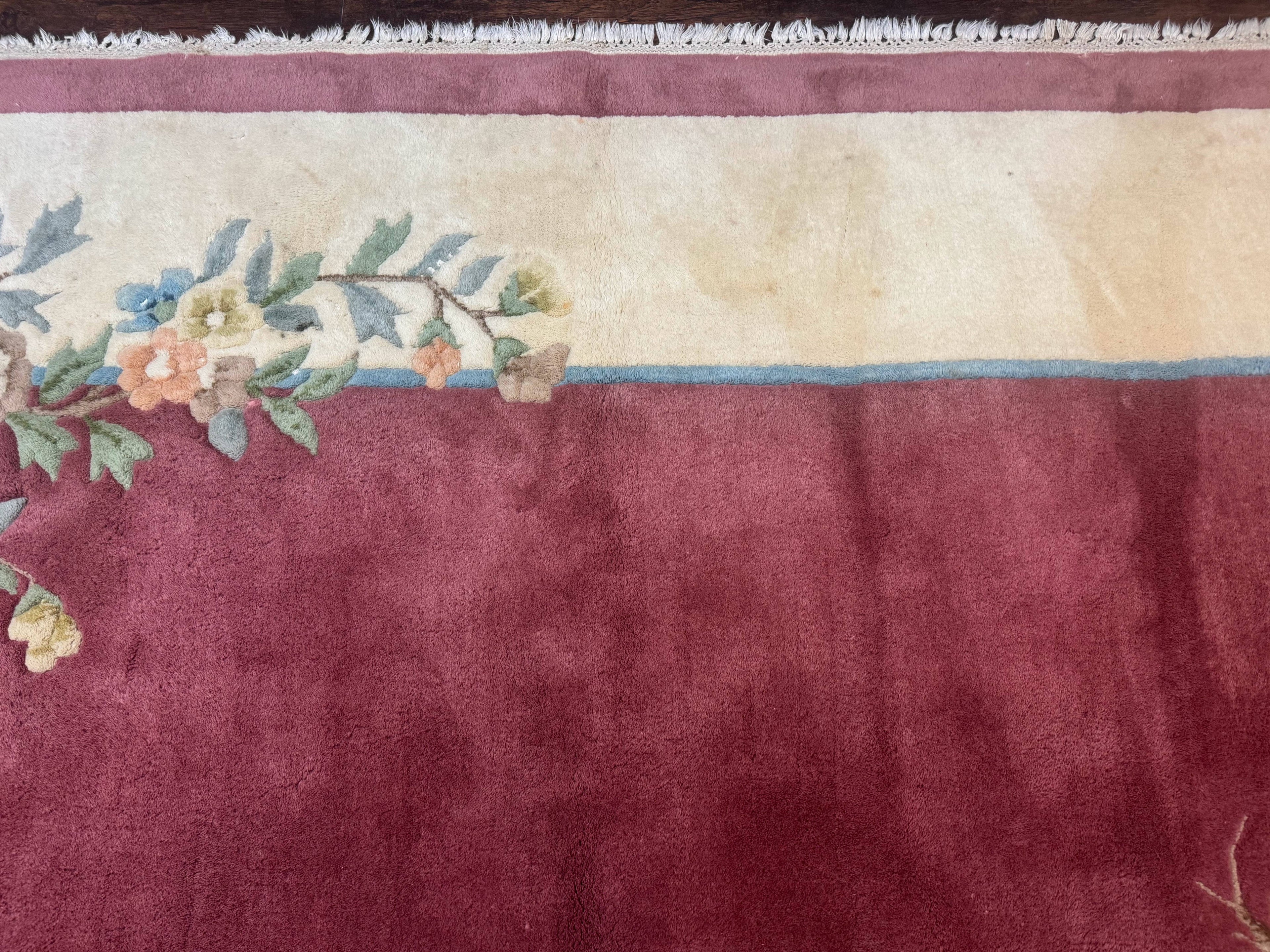 Indo Chinese Art Deco Rug 9x12, Pink and Ivory, Open Filed, Floral, Wool