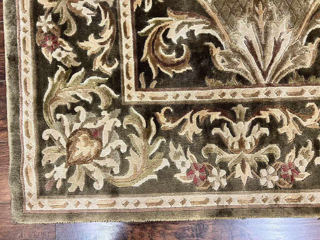 Tibetan Rug 8x10, European Design, Floral, Green, Handmade, Wool, Nepali Rug