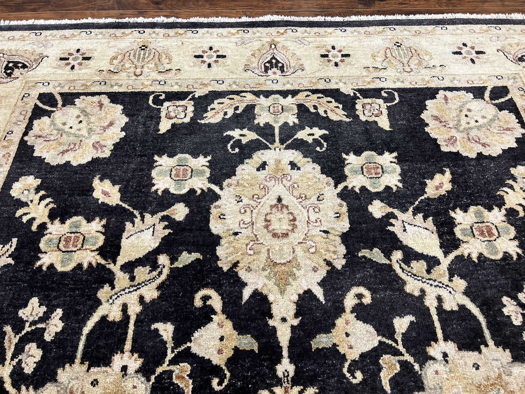 Indo Mahal Rug 8x10, Black and Beige, Vintage Rug 8 x 10 ft, Floral, Handmade Wool Carpet