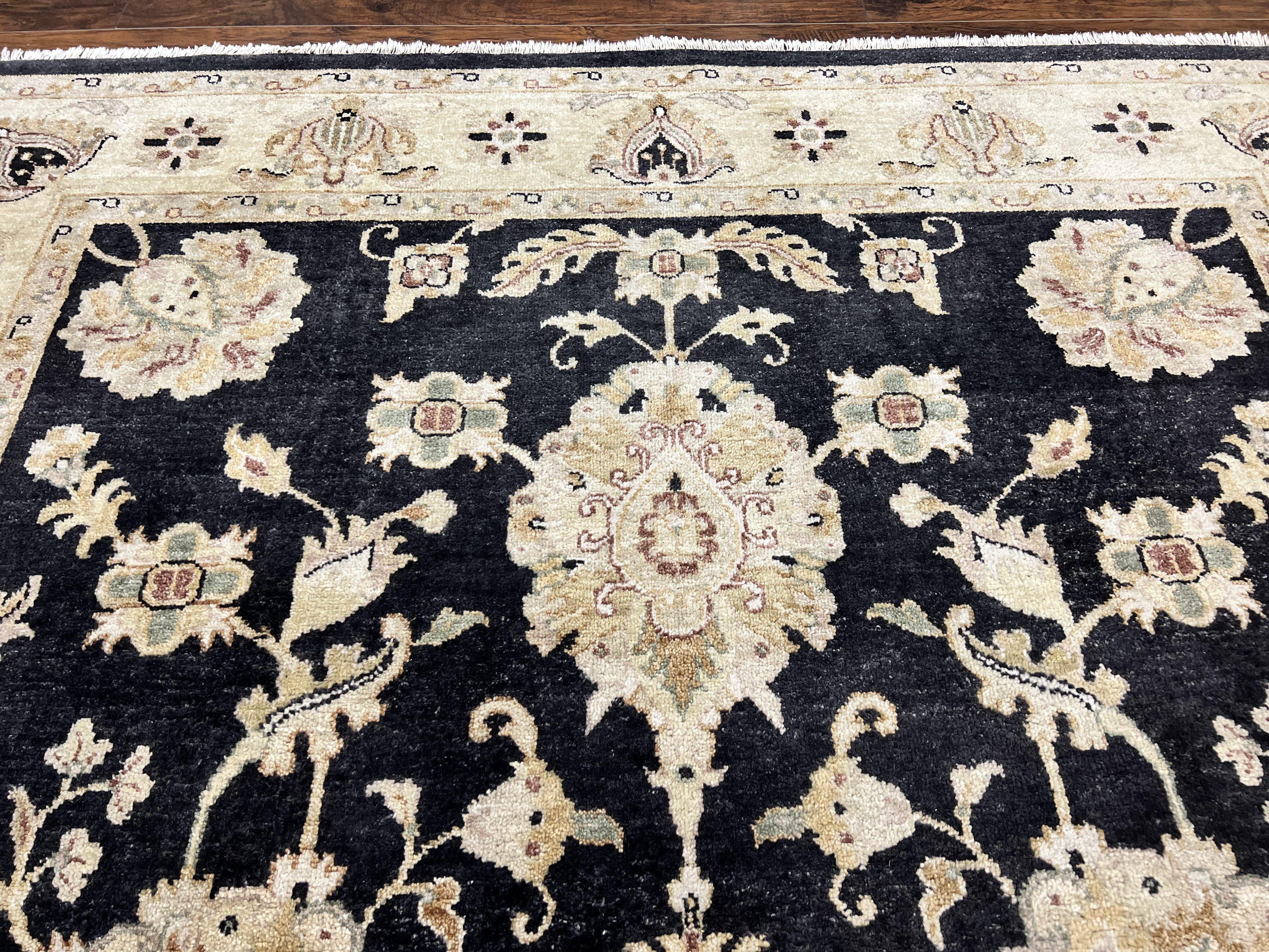 Indo Mahal Rug 8x10, Black and Beige, Vintage Rug 8 x 10 ft, Floral, Handmade Wool Carpet