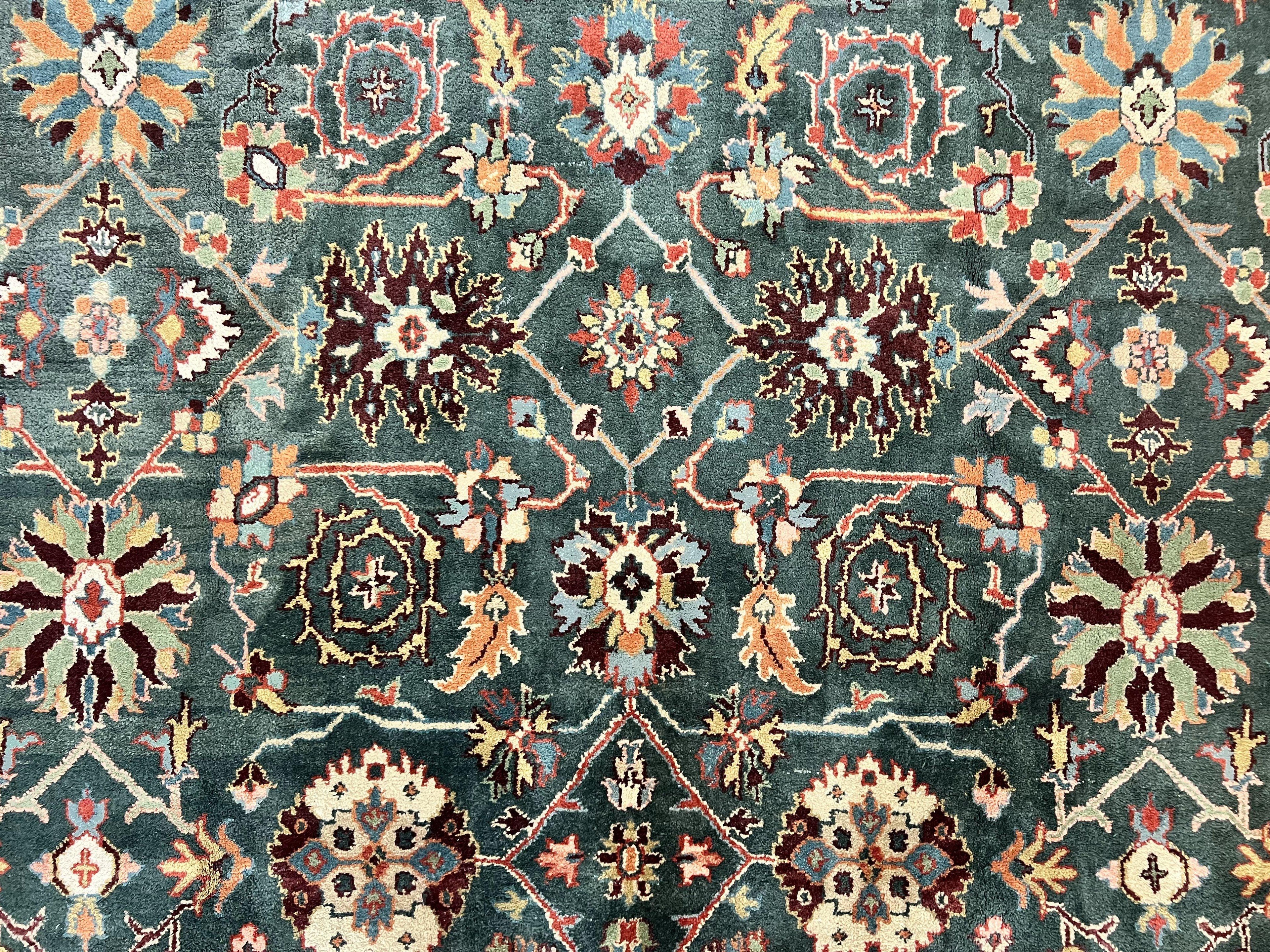 Indo Persian Rug 9x12, Wool Hand Knotted Vintage Carpet, Green and Maroon, Traditional Allover Floral Design, 9 x 12 Room Sized Rug