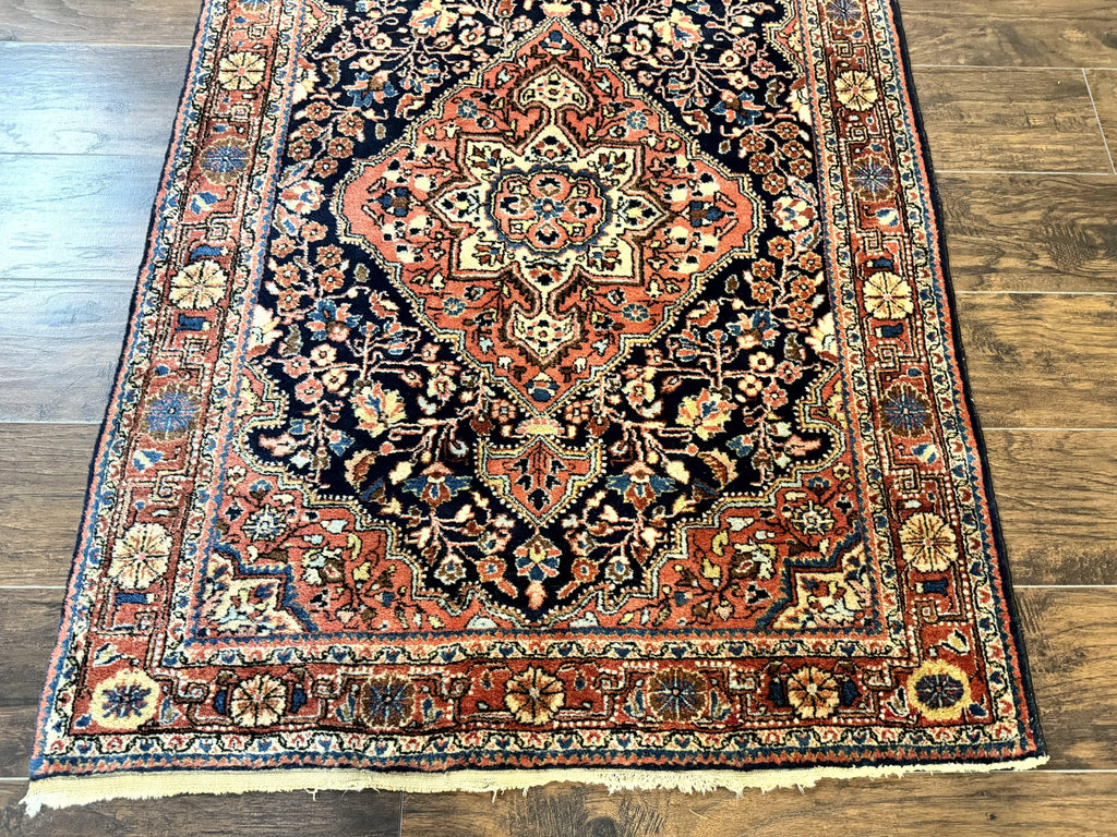 Persian Sarouk Rug 3.6 x 5, Medallion Rug, Red and Midnight Blue, Handmade Semi Antique Vintage Wool Carpet