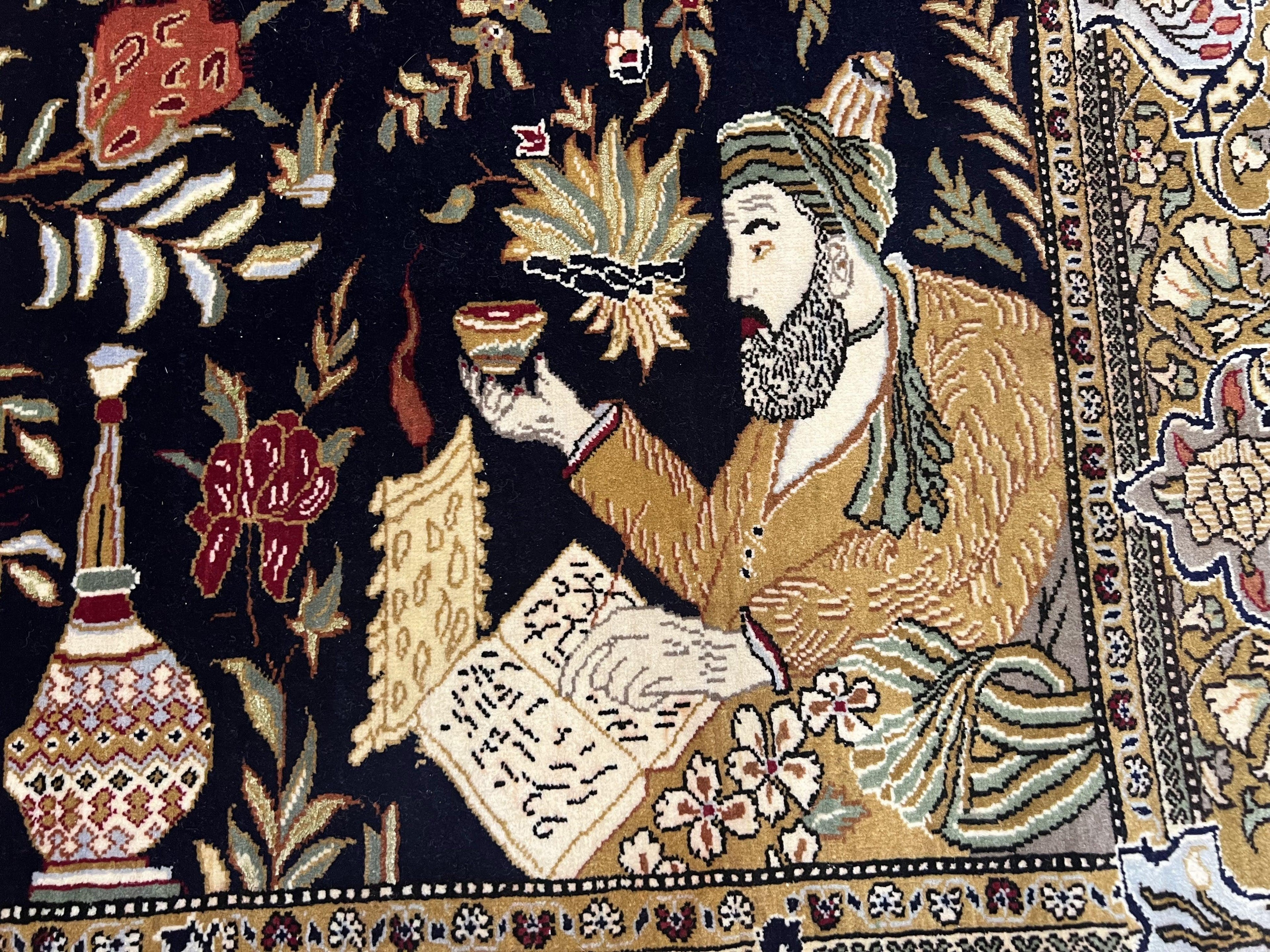 Persian Qum Pictorial Rug 4.8 x 6.5 - Layla & Majnun, Birds