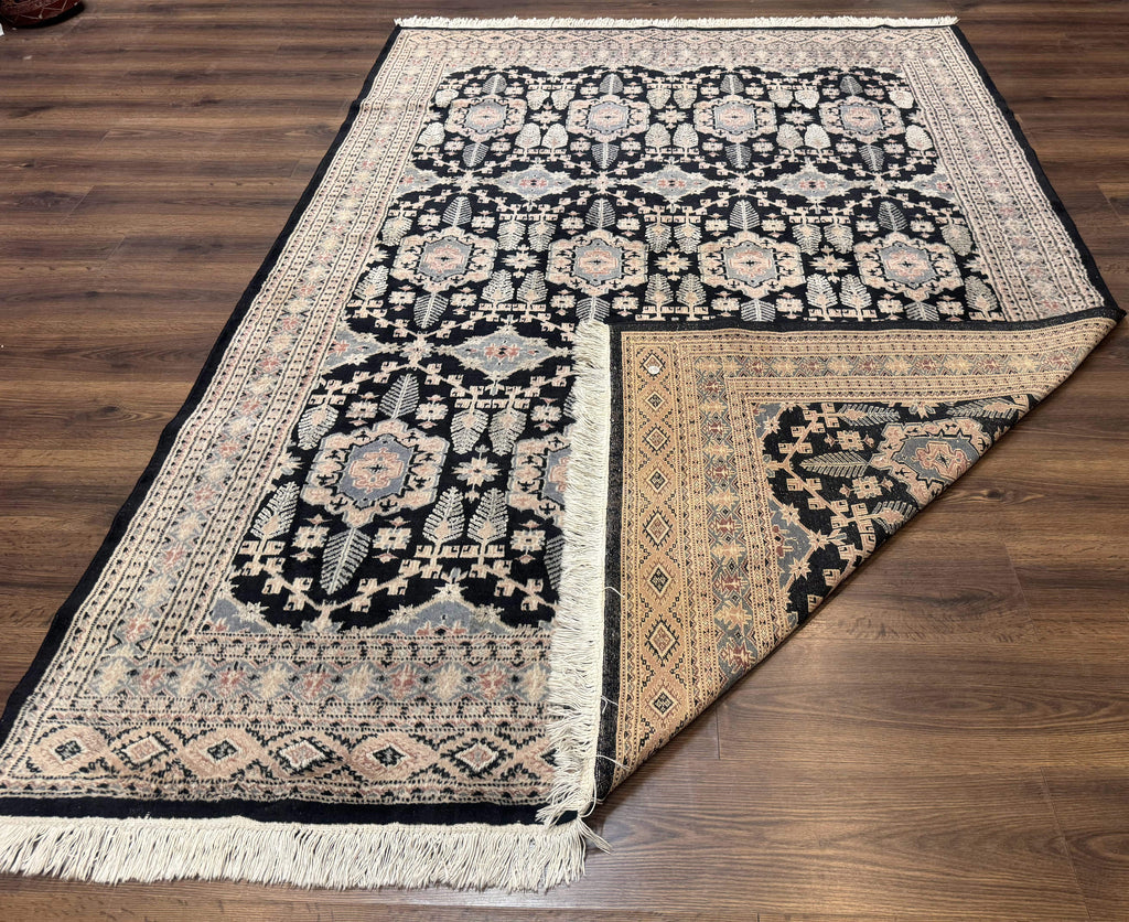 Turkoman Bokhara Rug 6x9, Pakistani Carpet, Black, Hand Knotted