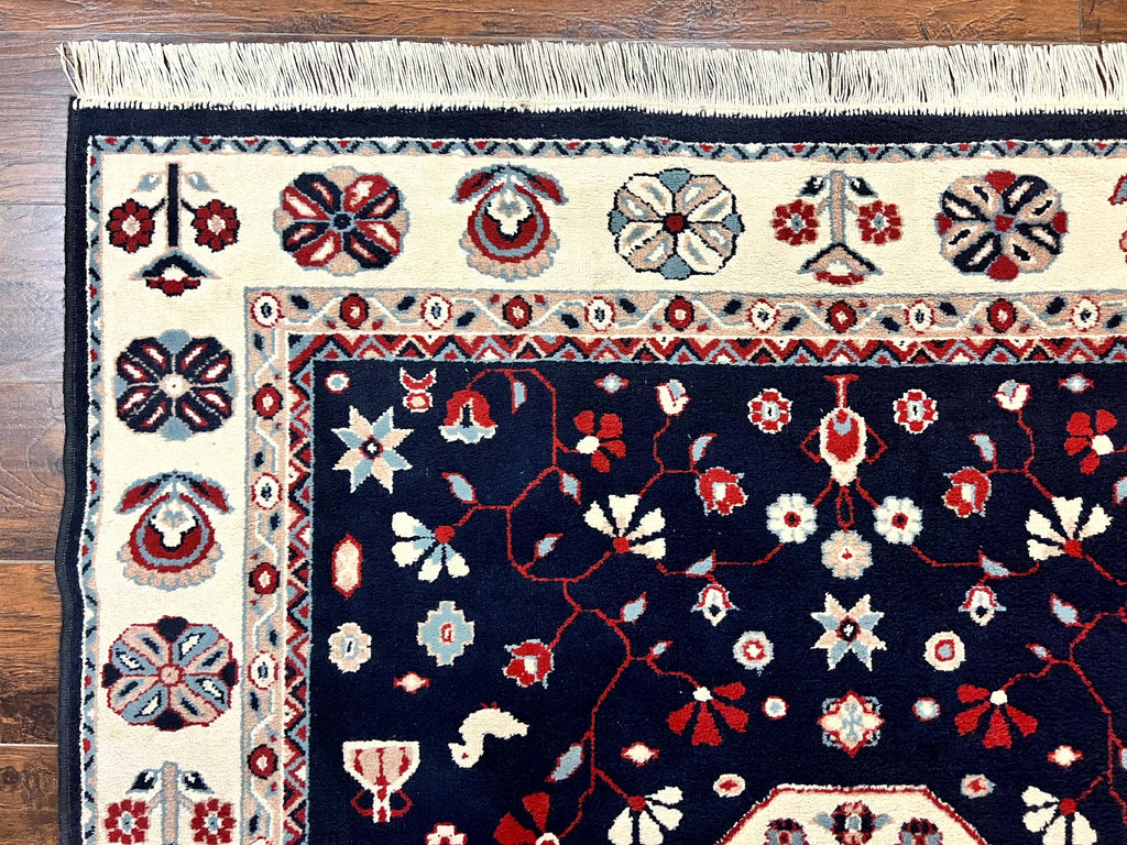 Belgium Power Loomed Rug 5.6 x 7, Navy Blue and Ivory, Heriz Pattern, Vintage Oriental Carpet