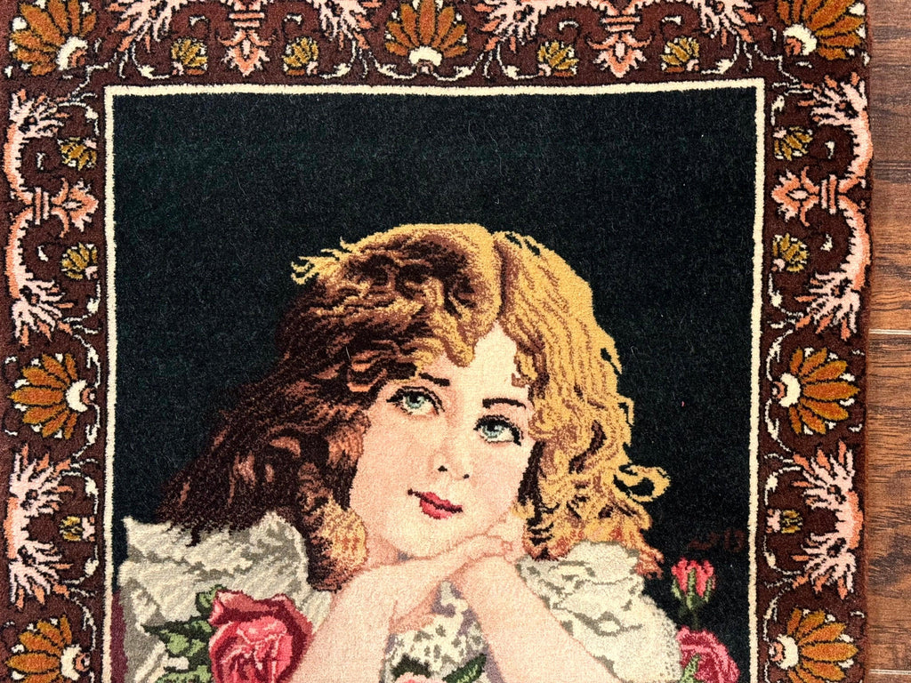 Small Persian Tabriz Pictorial Rug of Young Girl, Very Fine 380 KPSI, Portrait of Young Lady with Roses, Handmade, Persian Rug for Wall Hanging