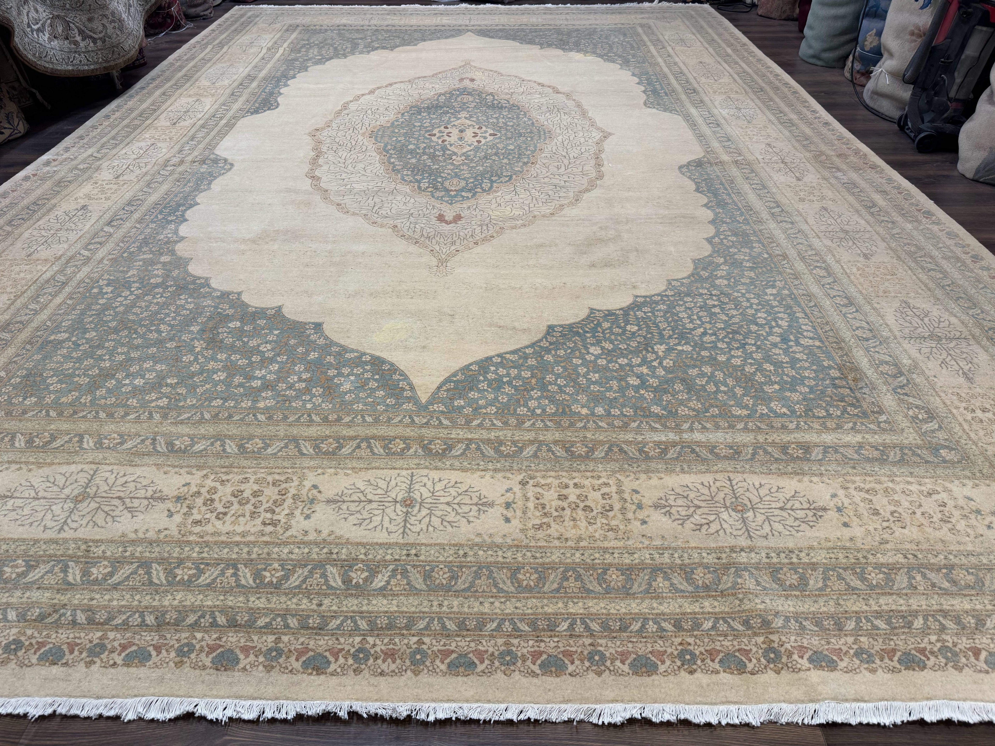 Palace Size Pak Persian Rug 12x18, Haji Jalili Design, Pakistani Carpet, Oat and Light Blue, Fine 260 KPSI
