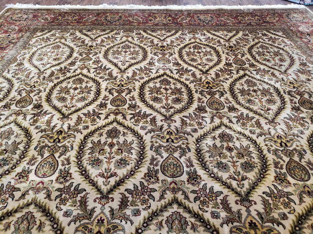 Vintage Indo Persian Area Rug 9x12, Wool Hand-Knotted Ivory & Dark Red Oriental Carpet, Fine Weave 9 x 12 Indian Rug, Dining Room Rug