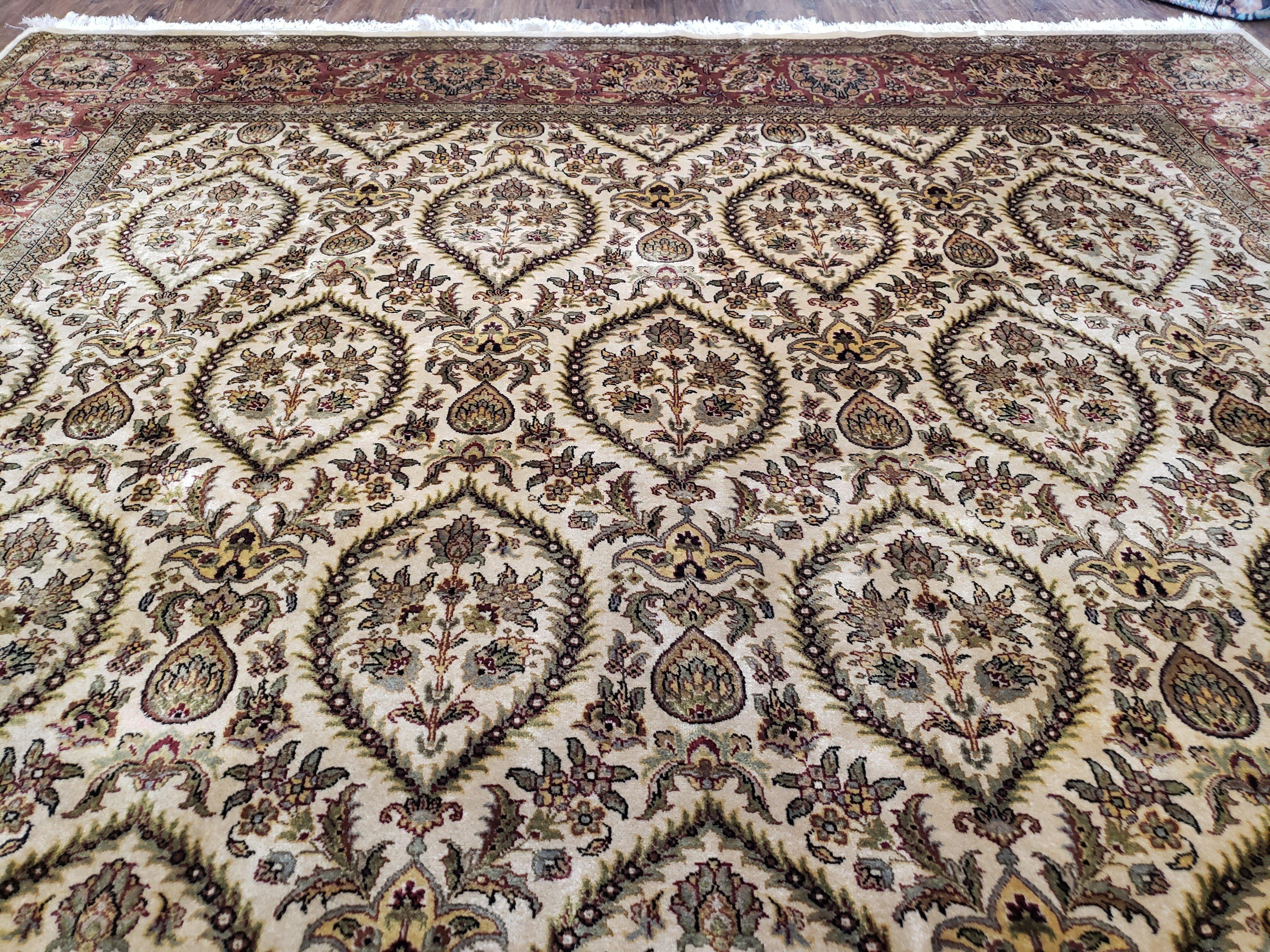 Vintage Indo Persian Area Rug 9x12, Wool Hand-Knotted Ivory & Dark Red Oriental Carpet, Fine Weave 9 x 12 Indian Rug, Dining Room Rug