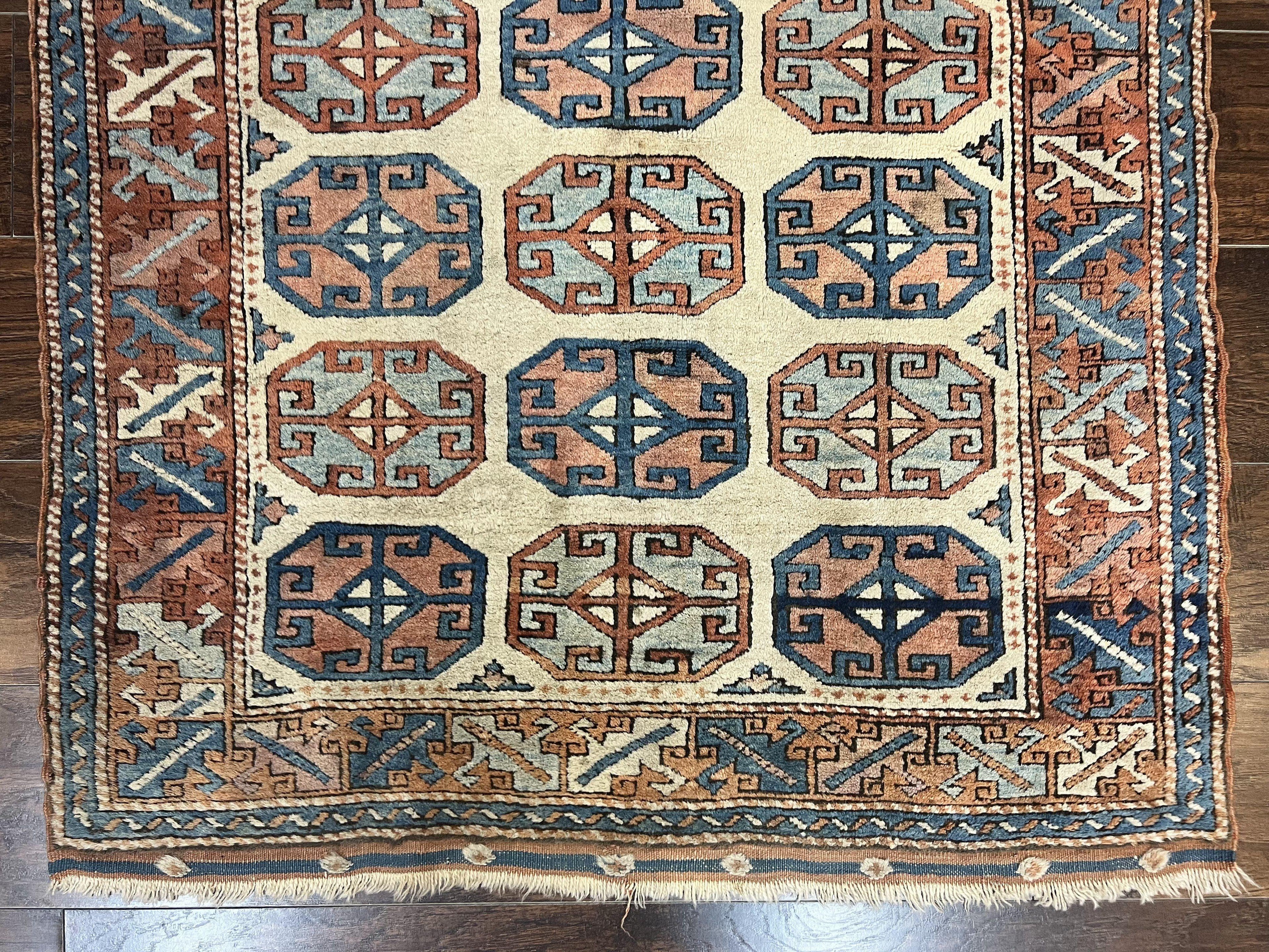 Turkish Kazak Rug 3x4, Wool Hand Knotted Handmade Vintage Carpet, Geometric Tribal Repeated Motif, Small 3 x 4 Antique Rug, Cream Red