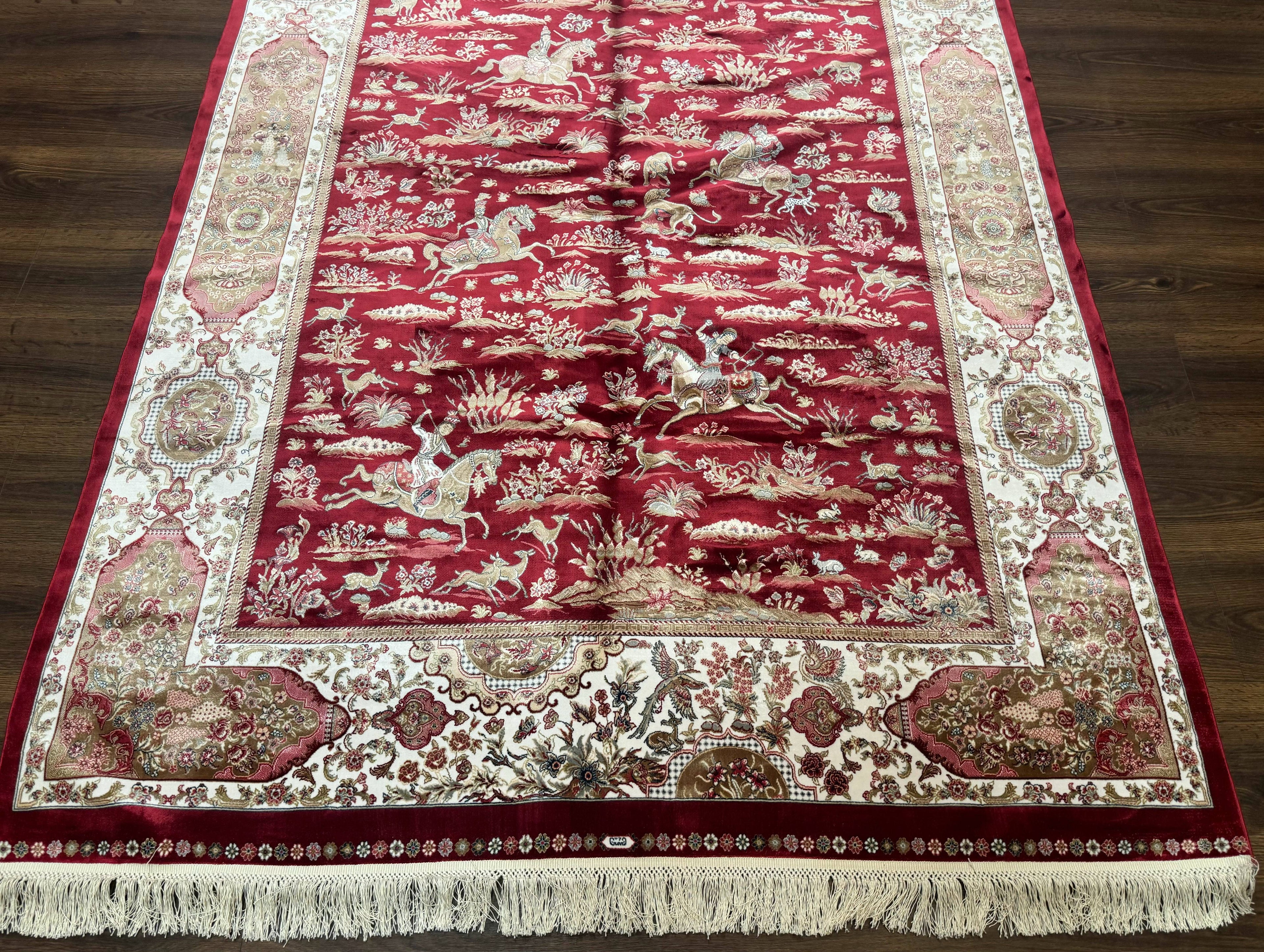 Turkish Silk Hunting Scene Rug 5 x 7.6, Red & Ivory, Bamboo Silk, New