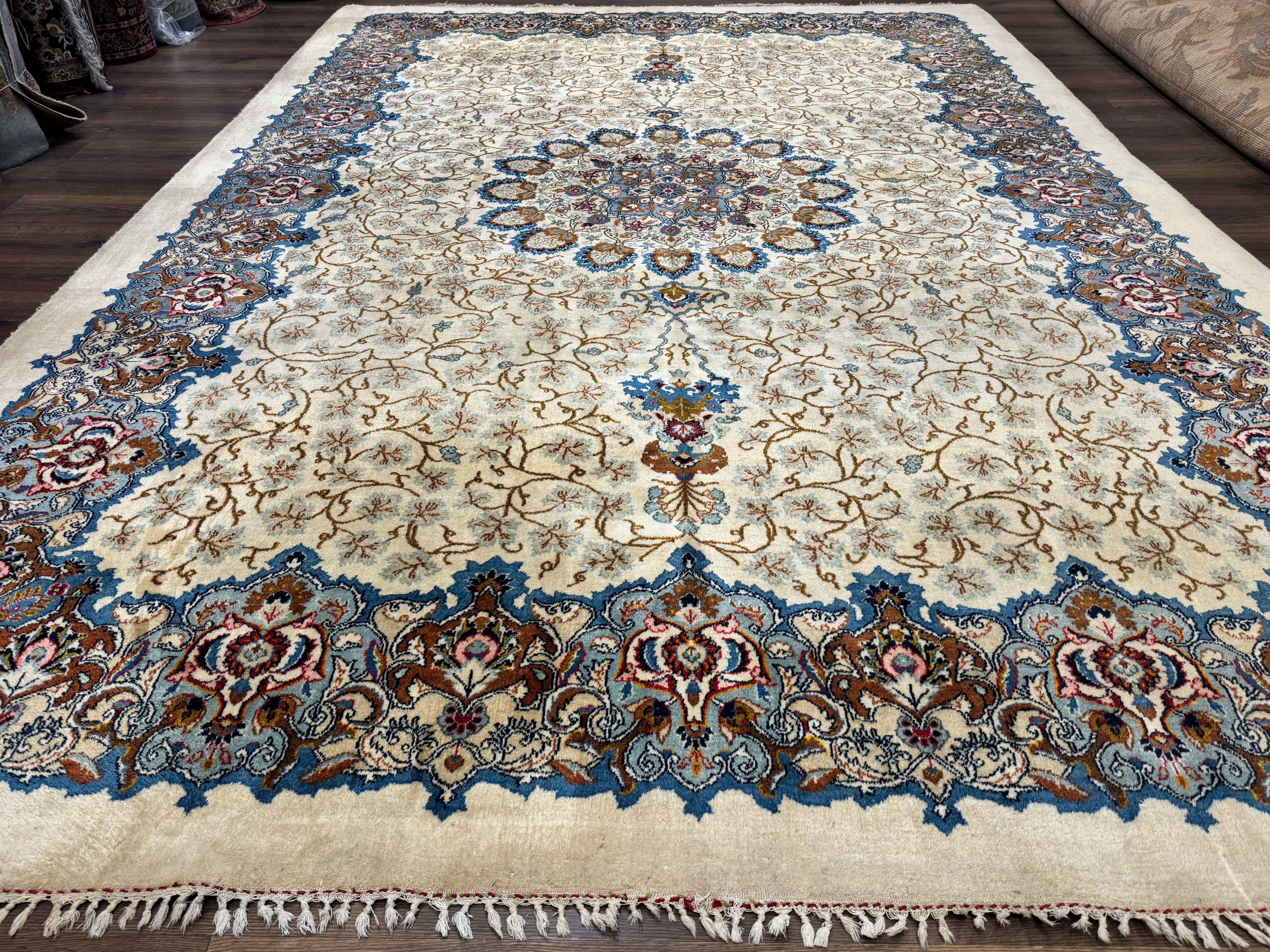 Persian Kashan Rug 9 x 12.6, Ivory and Blue, Floral Medallion, Wool Hand Knotted Semi Antique Carpet