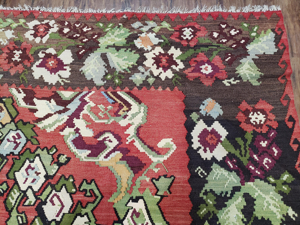 Karabakh Rug 8x11, Caucasian Kilim Rug, Vintage Antique Turkish Anatolian Azerbaijani Carpet, Wool Red & Black Hand-Woven 8 x 11 Living Room