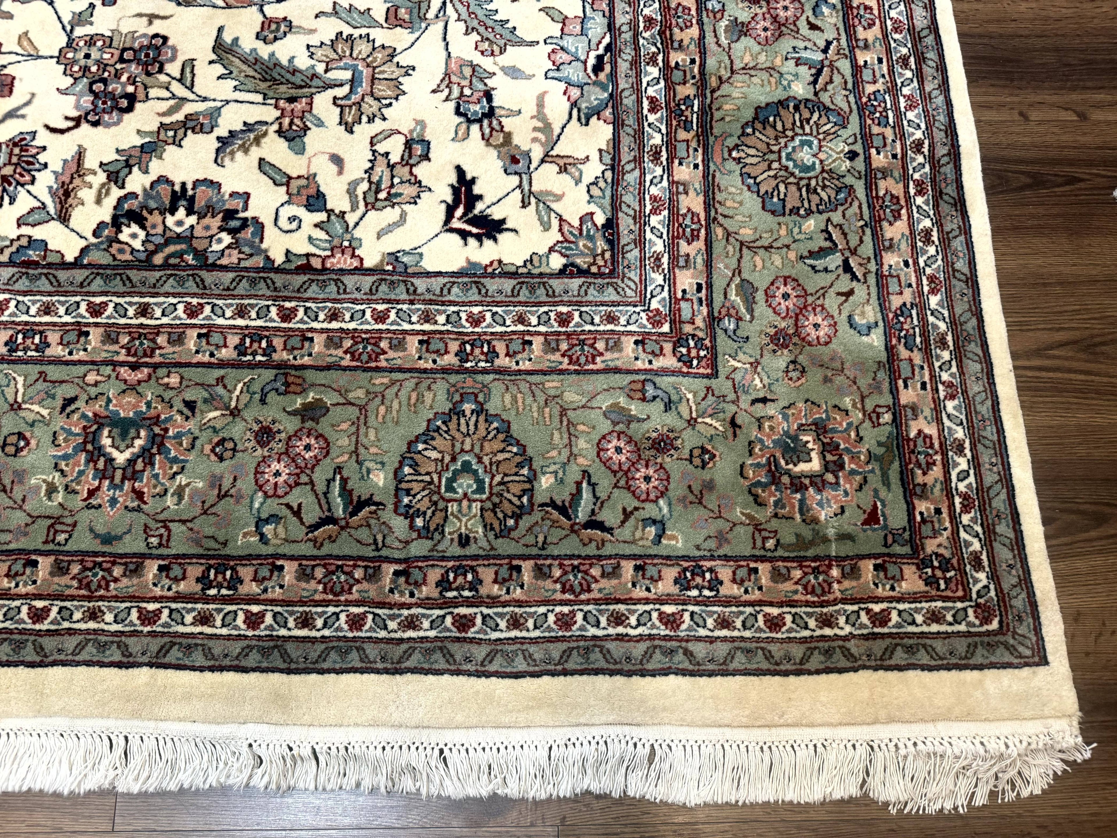 Indo Persian Rug 9x12, Allover Floral Pattern, Ivory & Green, Traditional Oriental Carpet