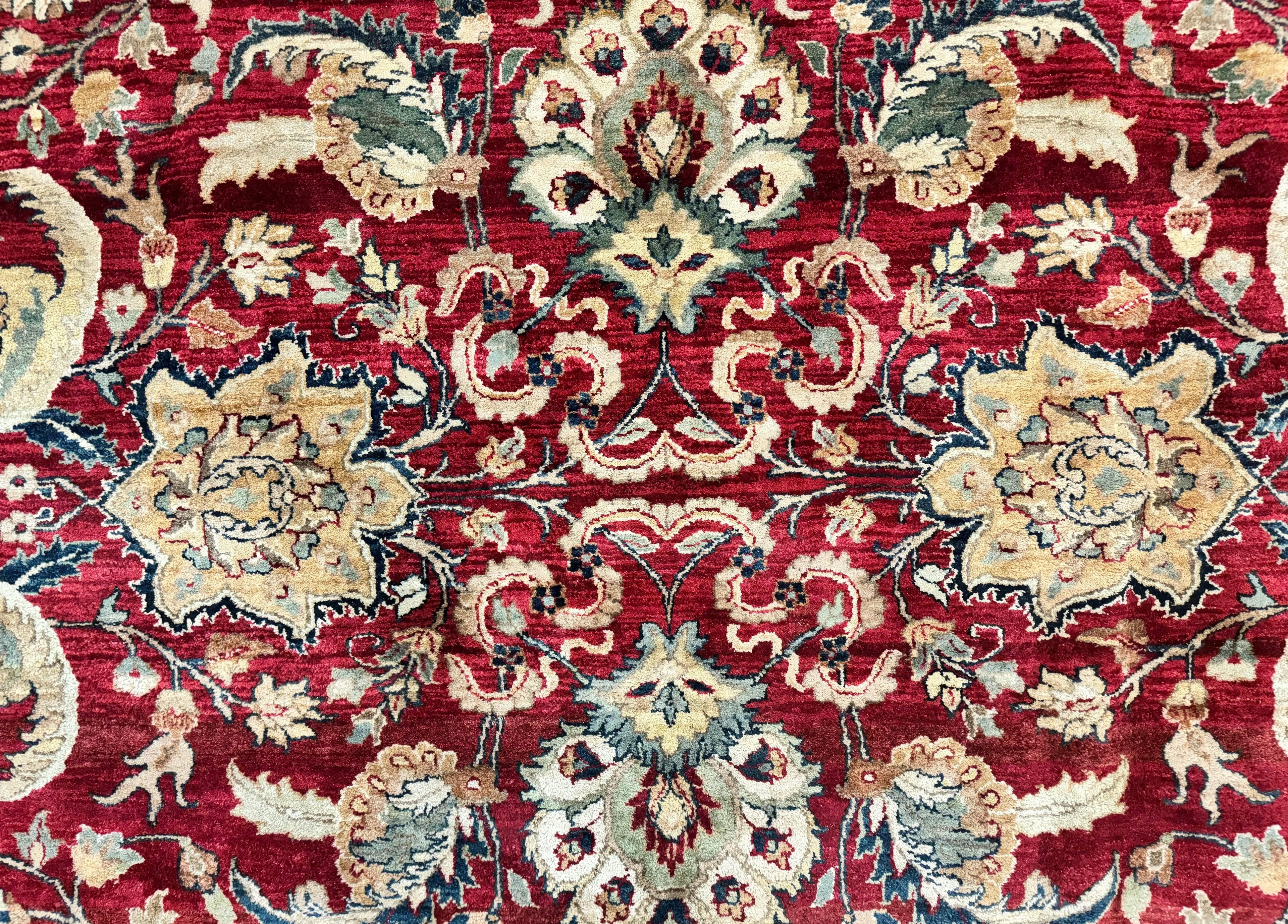 Indo Persian Rug 10x14, Indian Agra Carpet, Vintage Handmade Wool Large Traditional Rug, Dark Red Navy Blue Beige