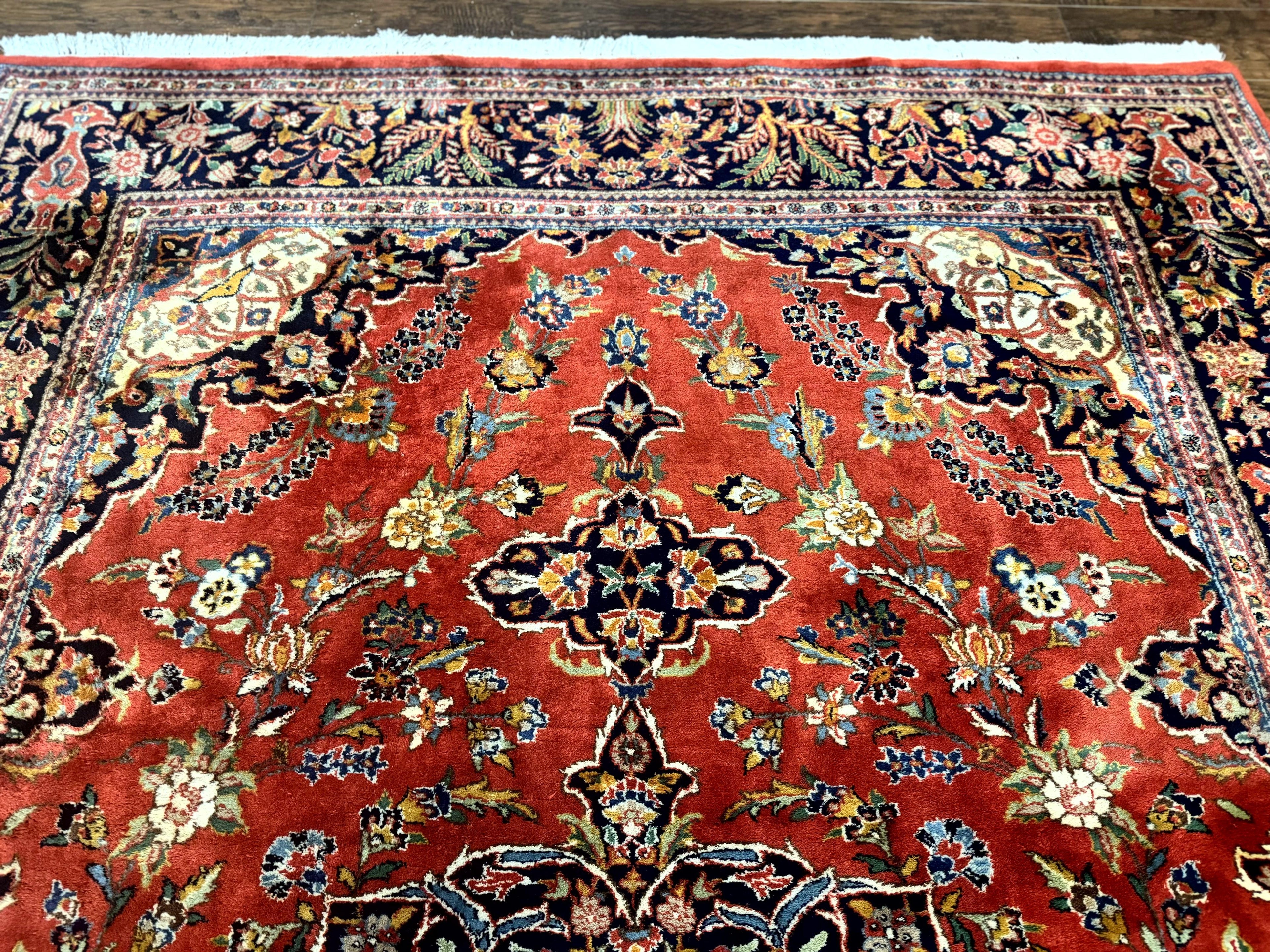Indo Persian Rug 7x10, Vintage Handmade Wool Carpet, Floral Medallion Traditional Rug, Red and Midnight Blue