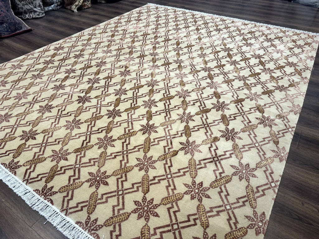 Tibetan Rug 8x10, Wool with Silk Highlights, Beige and Maroon, Contemporary Carpet