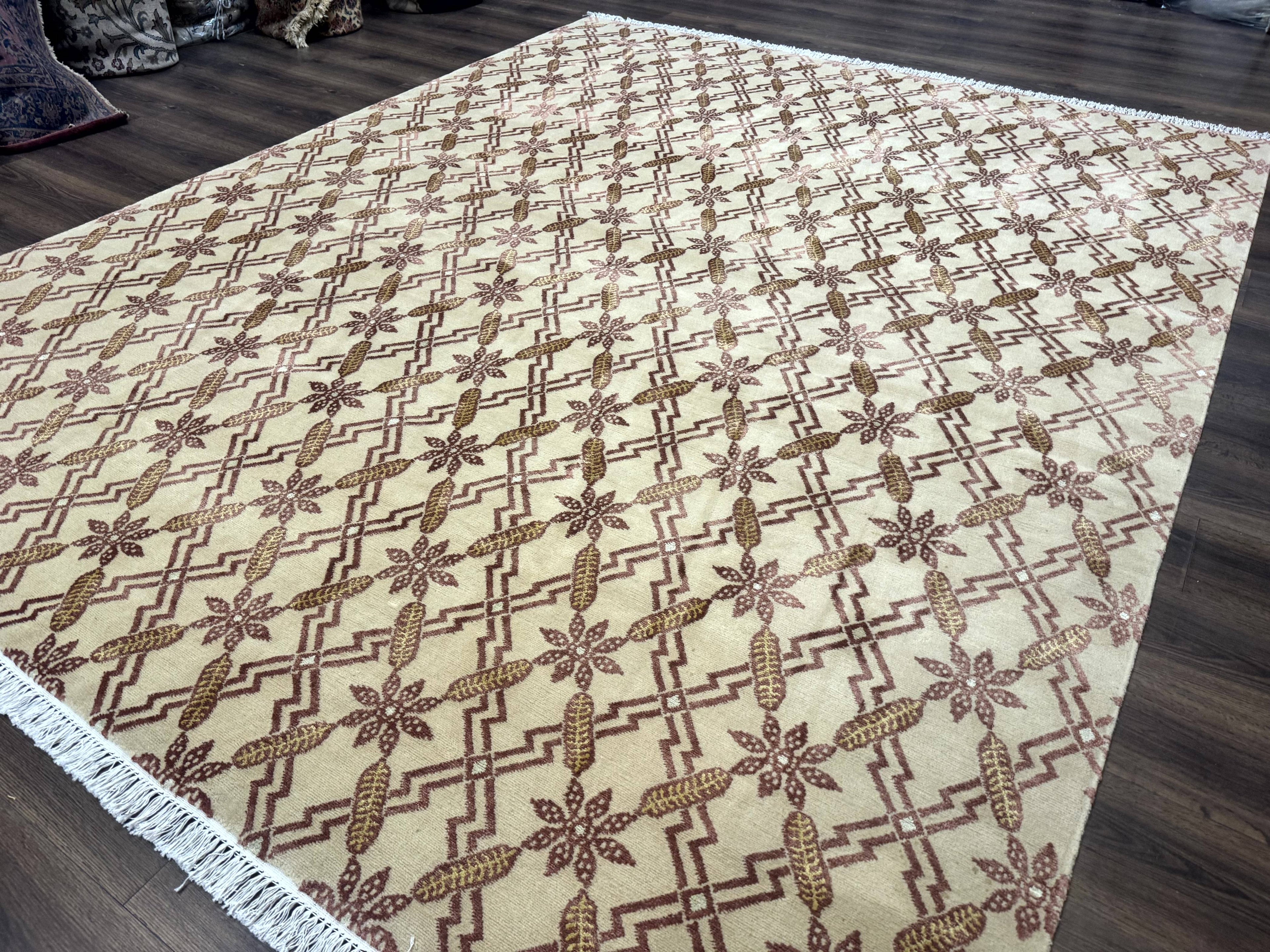 Tibetan Rug 8x10, Wool with Silk Highlights, Beige and Maroon, Contemporary Carpet
