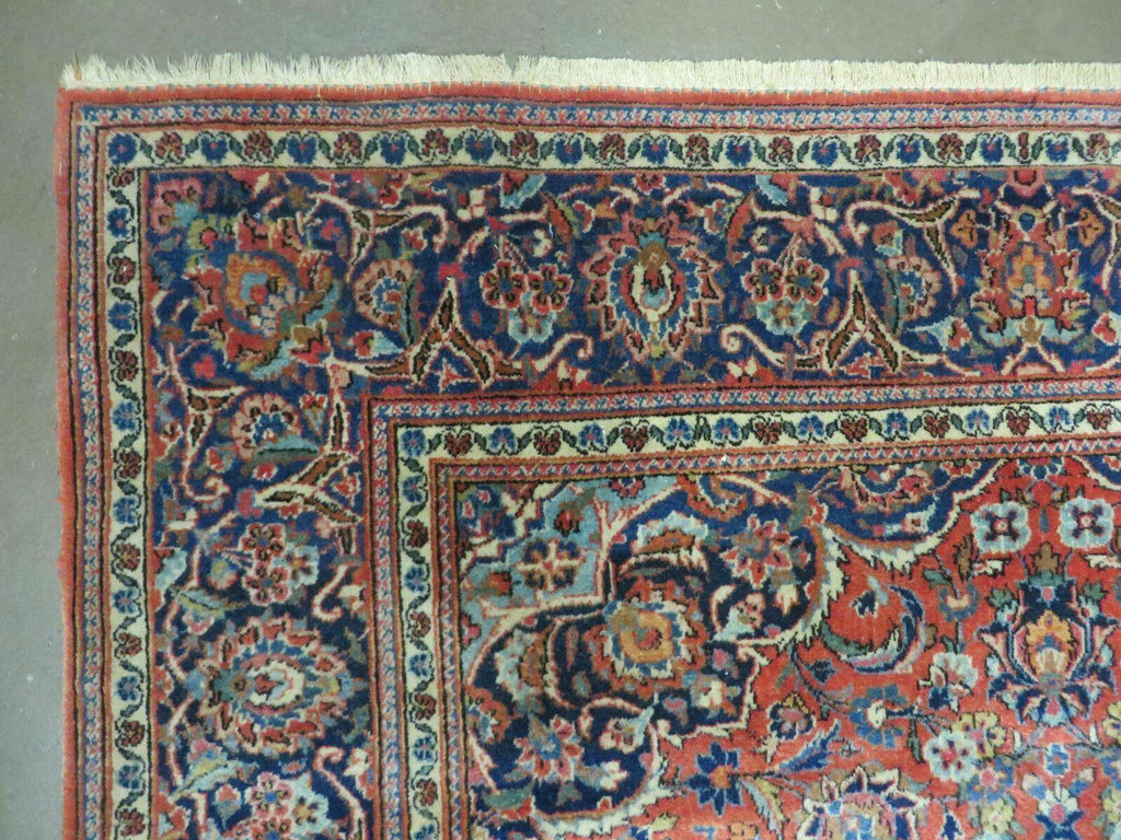 Persian Kashan Rug 4x7, Red and Navy Blue Semi Antique Vintage Wool Oriental Carpet, Hand Knotted Rug, Floral Medallion, High Quality Fine Carpet