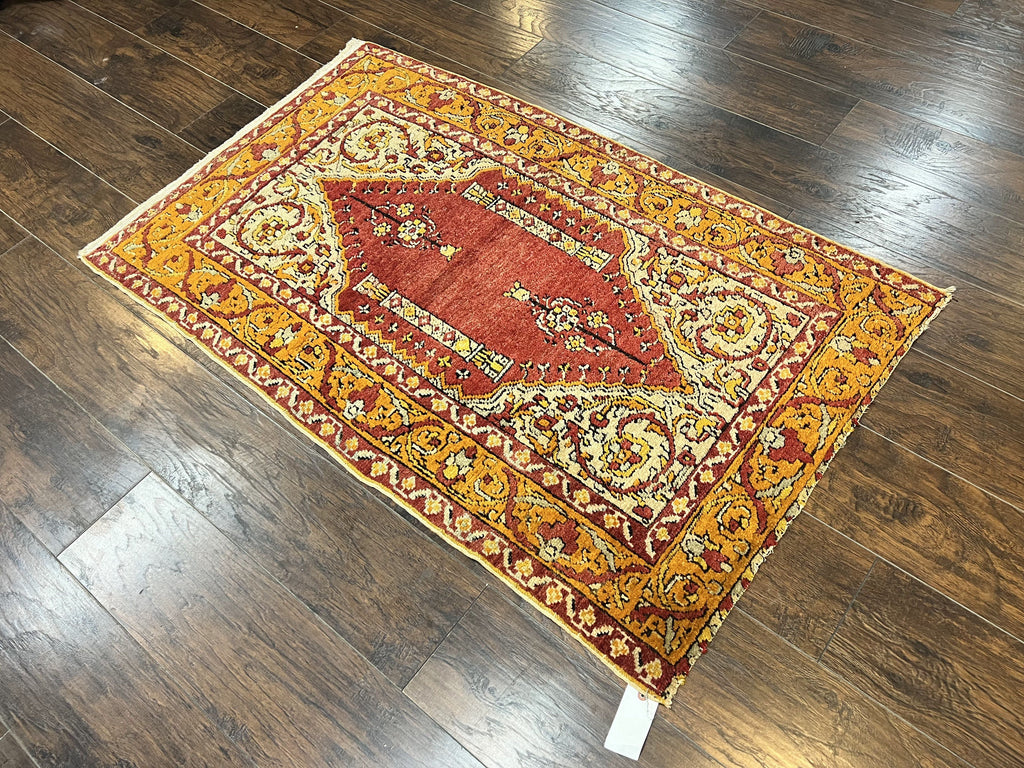 Antique Turkish Prayer Rug 3x5, Hand Knotted Turkish Melas Oushak Wool Carpet, Mehrab Rug, Orange & Red Vintage Rug 3 x 5 Collectible
