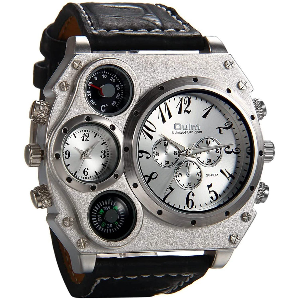 Avaner Mens Big Face Dual Time Zone Leather Strap Sport Watch