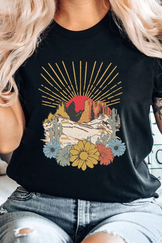 Desert Sunset Arches Floral Cacti Boho Graphic Tee T-Shirt