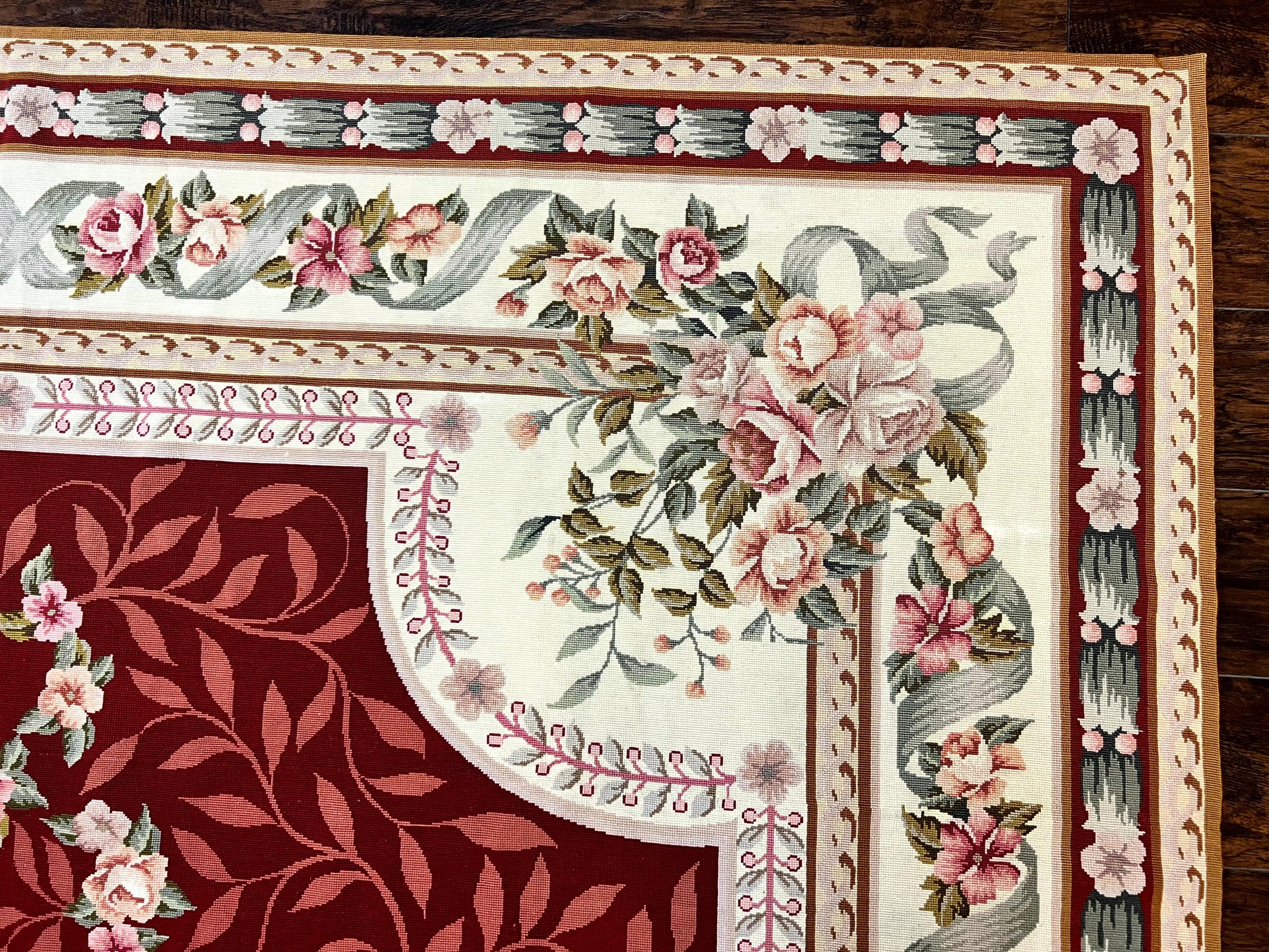Wonderful Aubusson Rug 9x12, Handmade Vintage Needlepoint Carpet, Red and Ivory, Elegant European Design, Wool