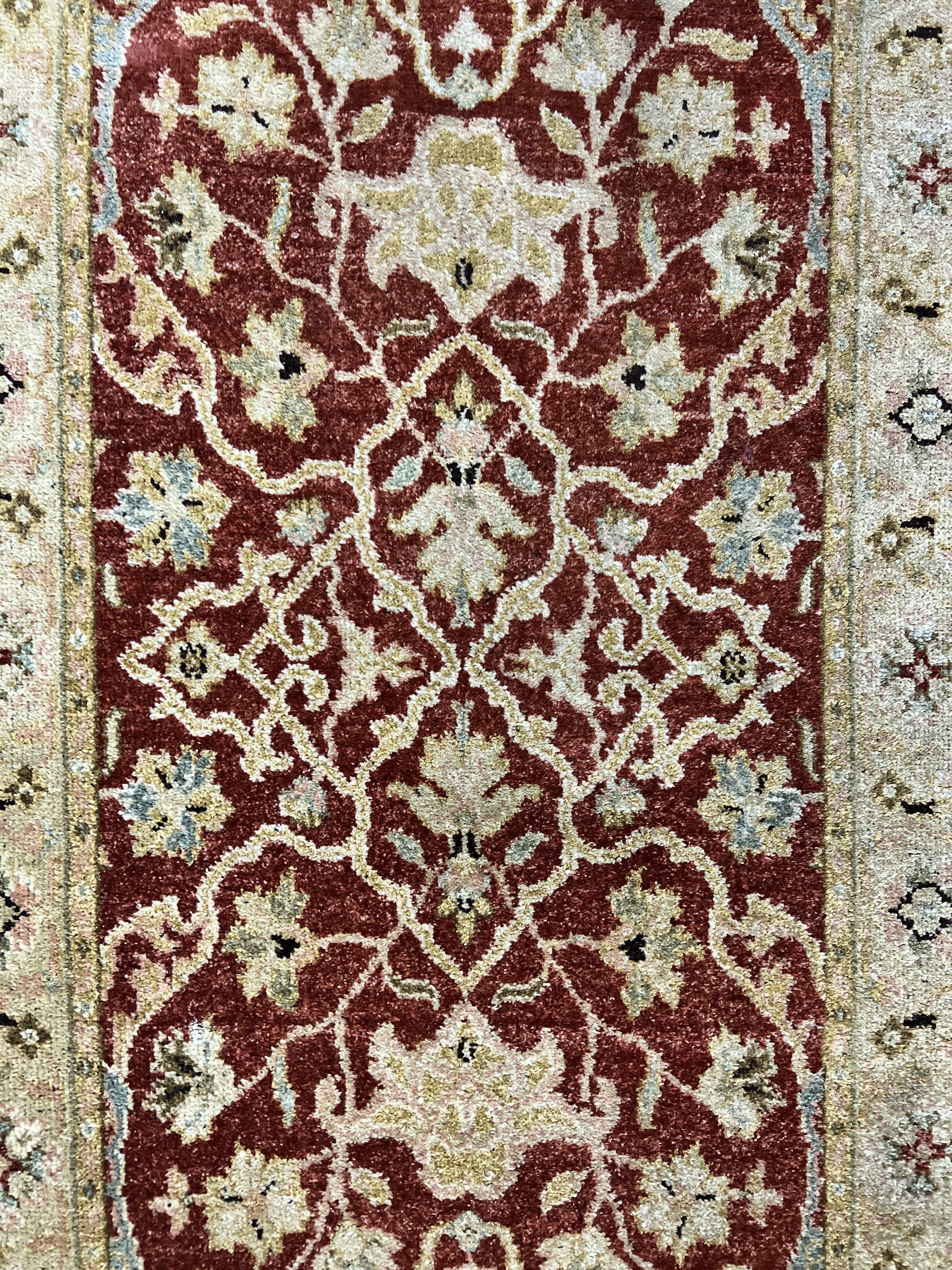 Pakistani Chobi Runner Rug 2.6 x 8, Pak Persian Oriental Rug for Hallway, Maroon Tan-Gold, Handmade Wool 8ft Runner for Hallway, Vintage Rug