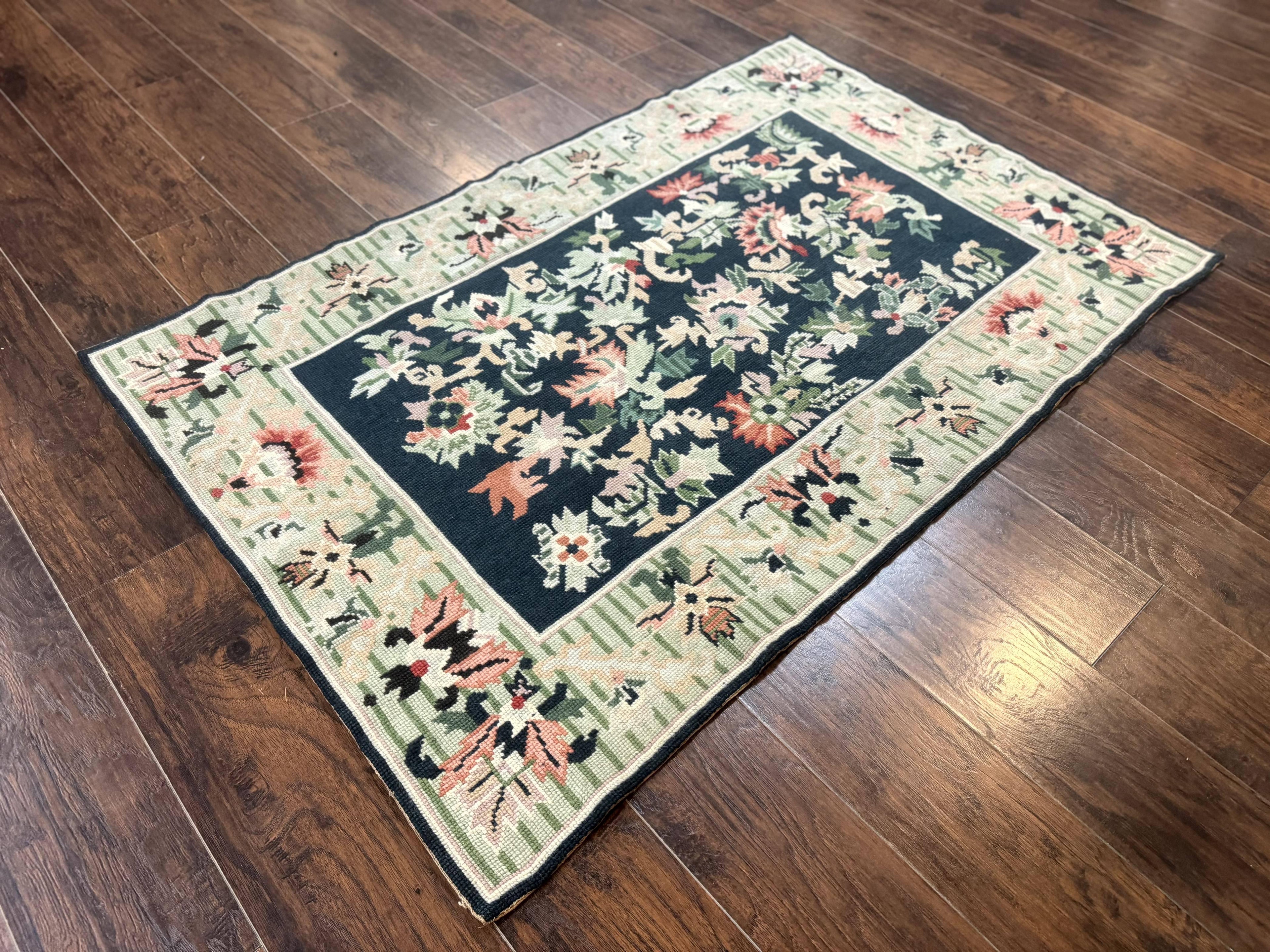 Vintage American Needlepoint Rug 4x6, Dark Green, Wool, Handmade, Flatweave Carpet