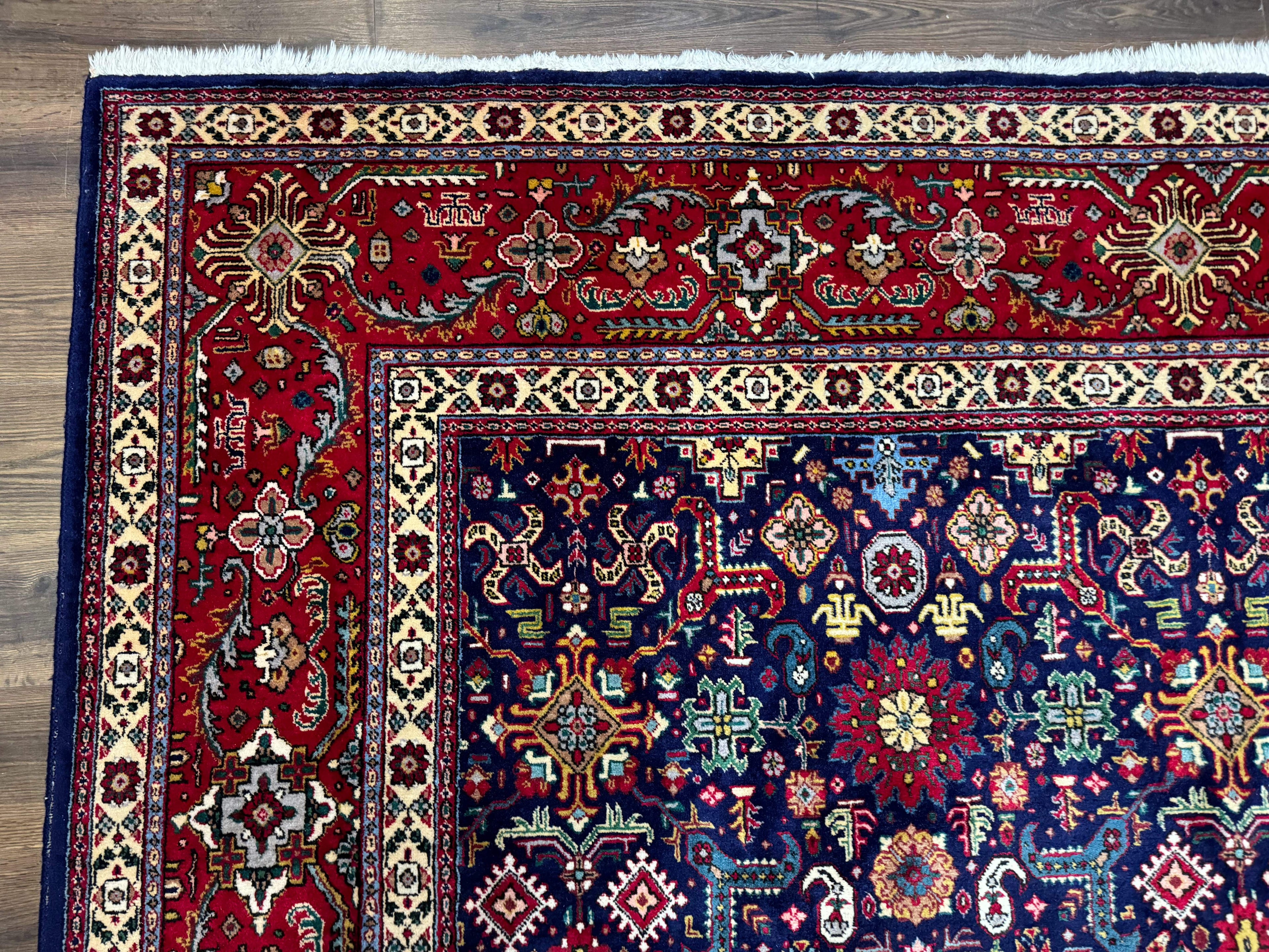 Large Persian Tabriz Rug 10x16, Navy Blue and Red, Allover Pattern, Vintage Hand Knotted Wool Carpet