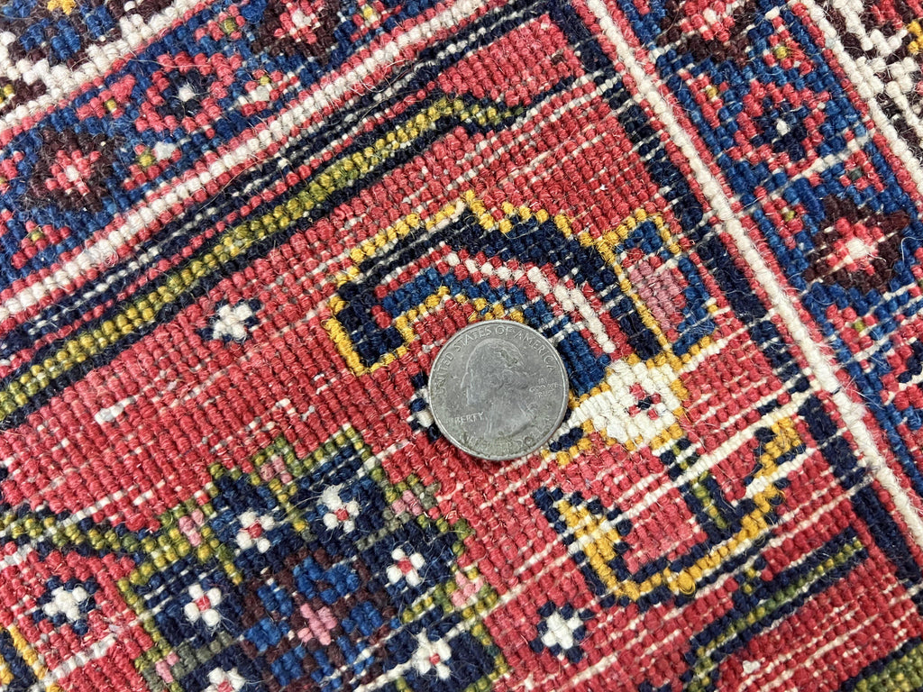 Persian Bidjar Rug 8x11, Floral Bouquets, Blue Black Red Pink, Handmade Hand Knotted Vintage Semi Antique Oriental Carpet