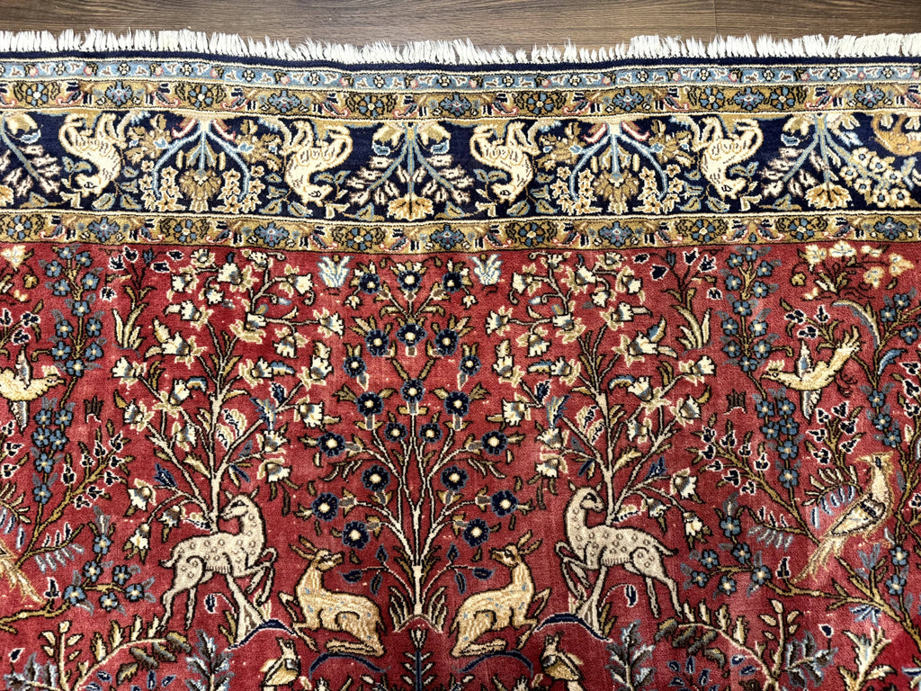 Persian Qum Rug 9x12, Animal Pictorials, Deer Birds, Tree of Life, Red and Navy Blue