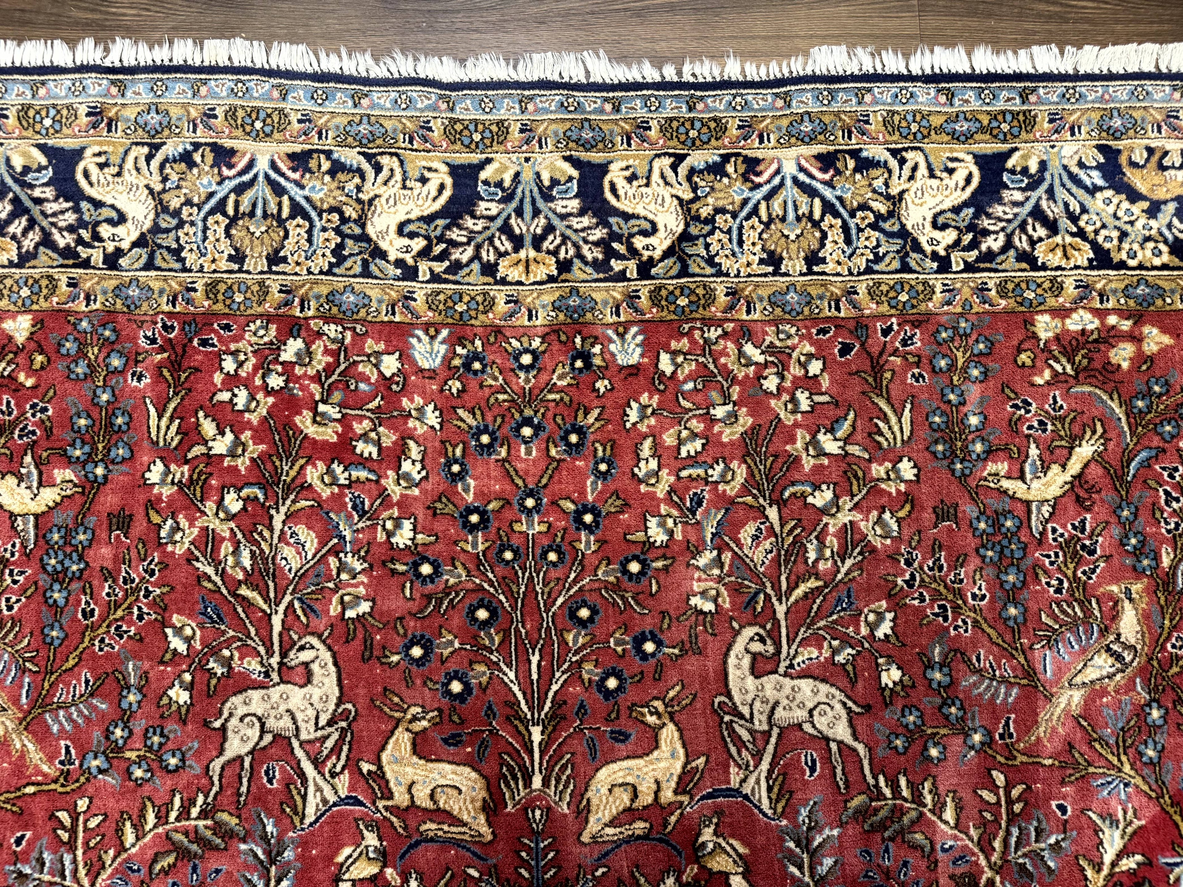 Persian Qum Rug 9x12, Animal Pictorials, Deer Birds, Tree of Life, Red and Navy Blue