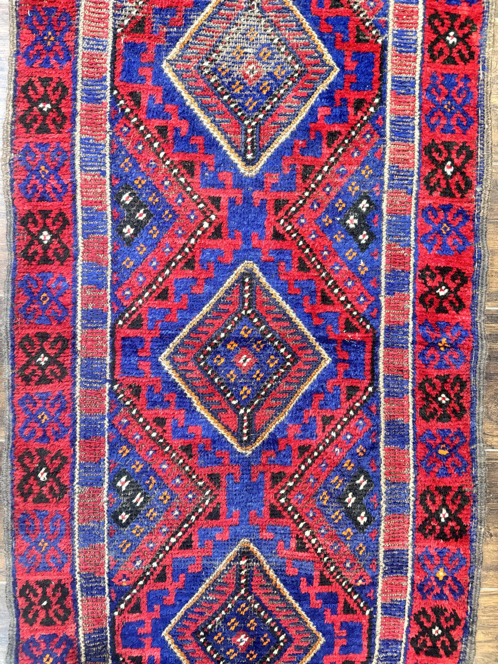 Turkoman Runner Rug 2 x 8.6, Skinny Runner, Handmade Wool Carpet for Hallway, Red and Blue, Wool, Vintage 8ft Runner
