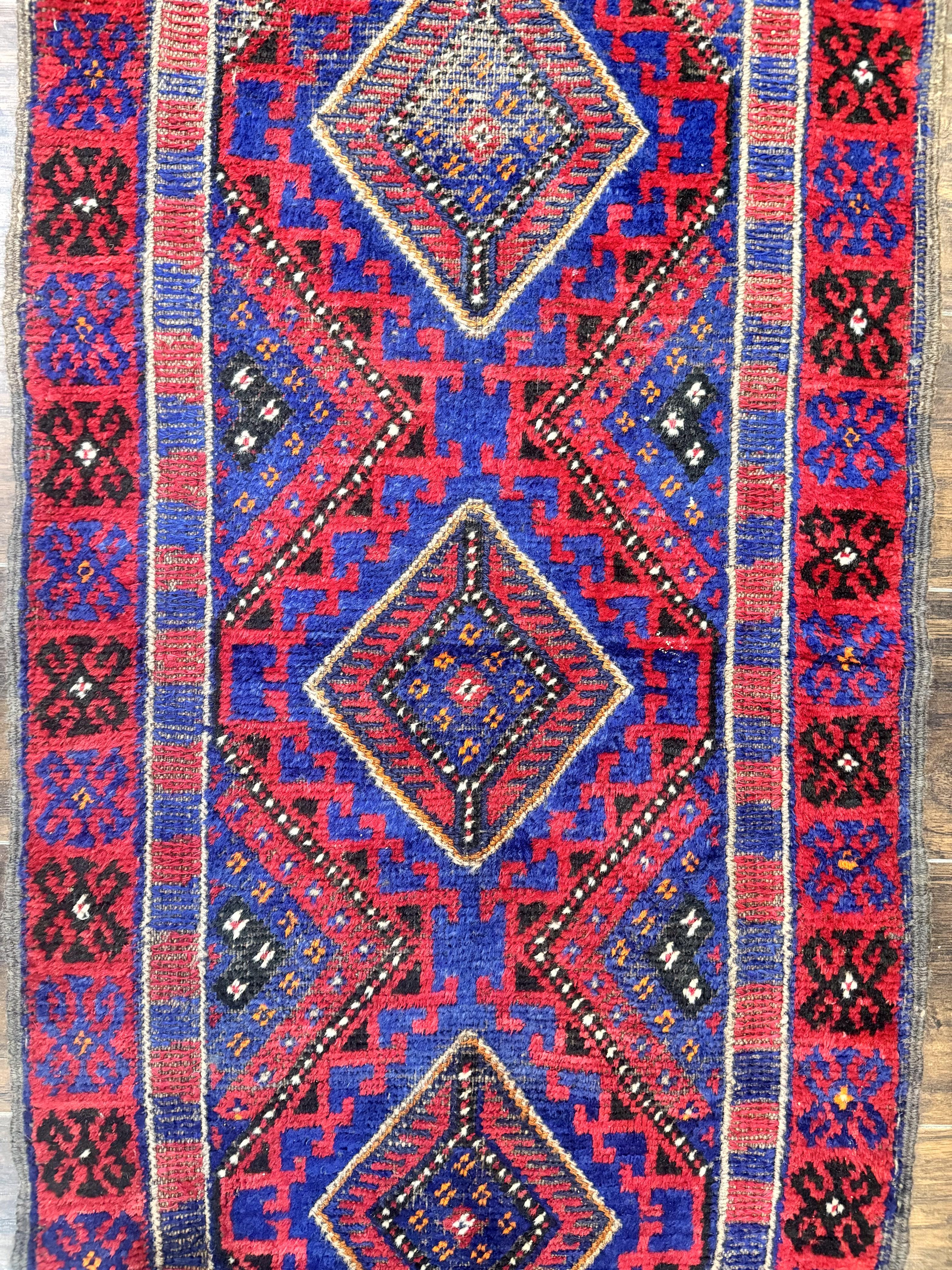 Turkoman Runner Rug 2 x 8.6, Skinny Runner, Handmade Wool Carpet for Hallway, Red and Blue, Wool, Vintage 8ft Runner