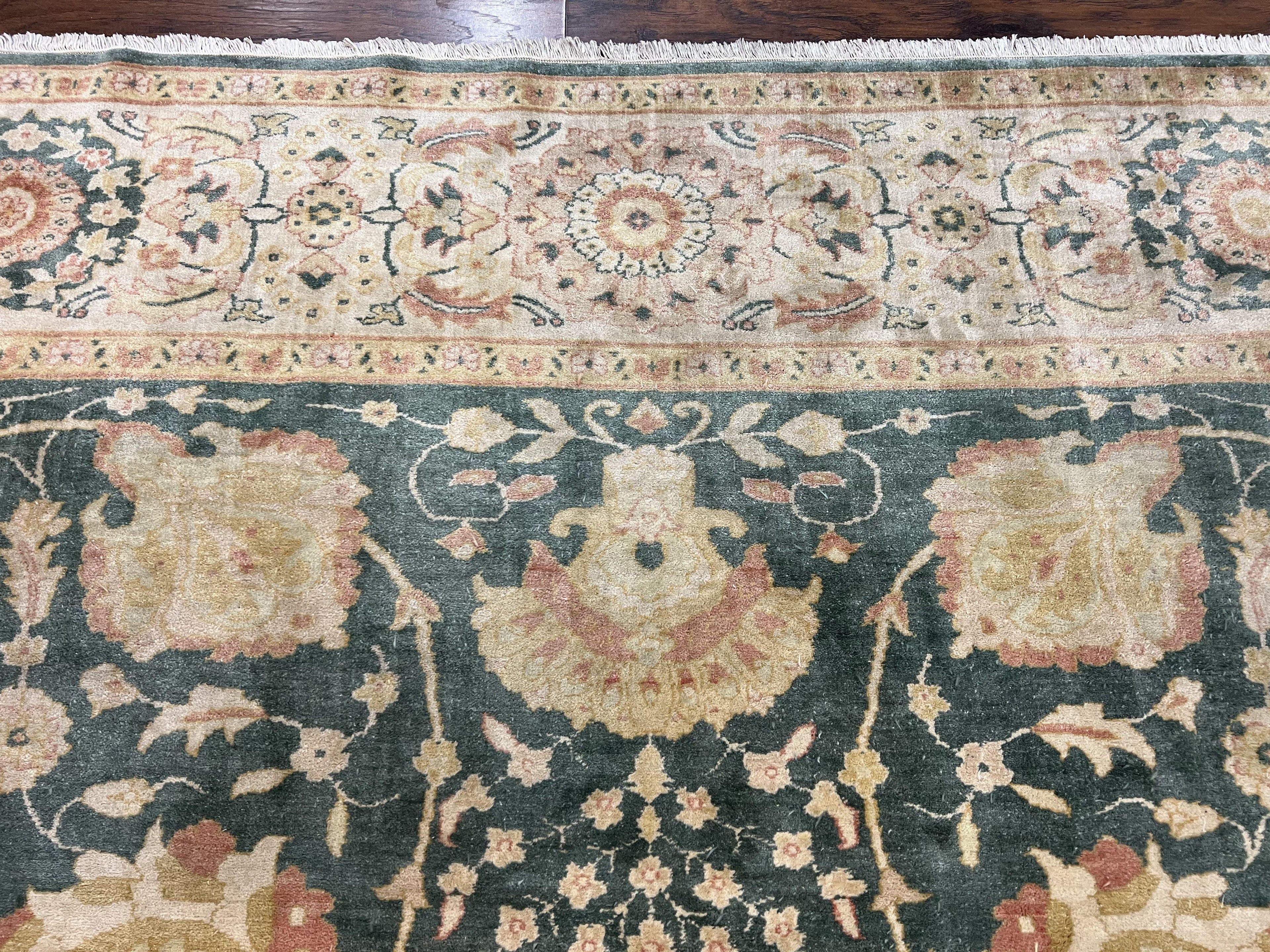 Egyptian Mahal Rug 10x14, Large Vintage Floral Hand Knotted Wool Carpet 10 x 14, Dark Green and Beige Traditional Handmade Persian Area Rug