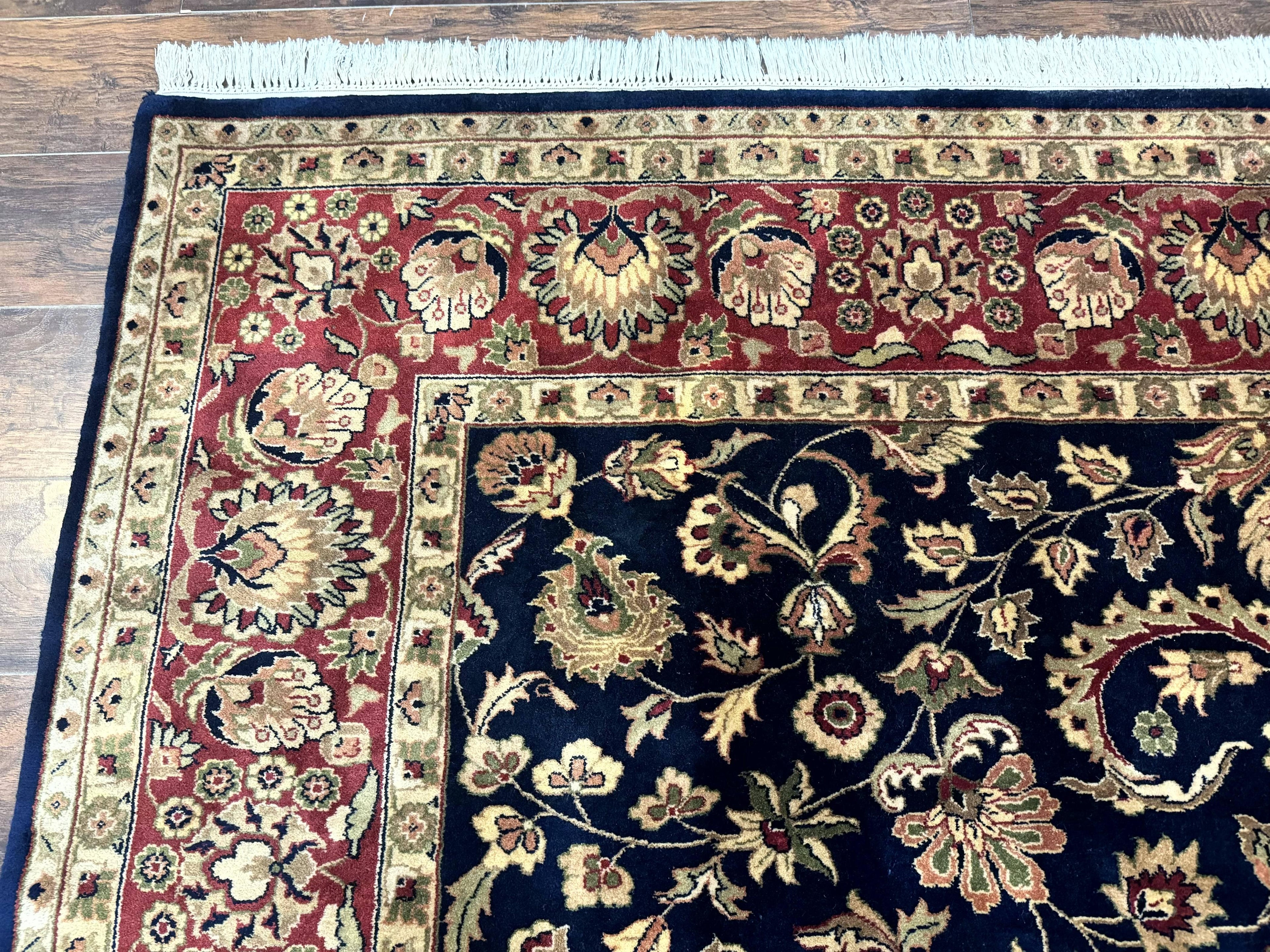 Indo Persian Rug 8x10, Navy Blue and Red, Floral Allover, Hand Knotted Vintage Wool Carpet, Indo Sarouk