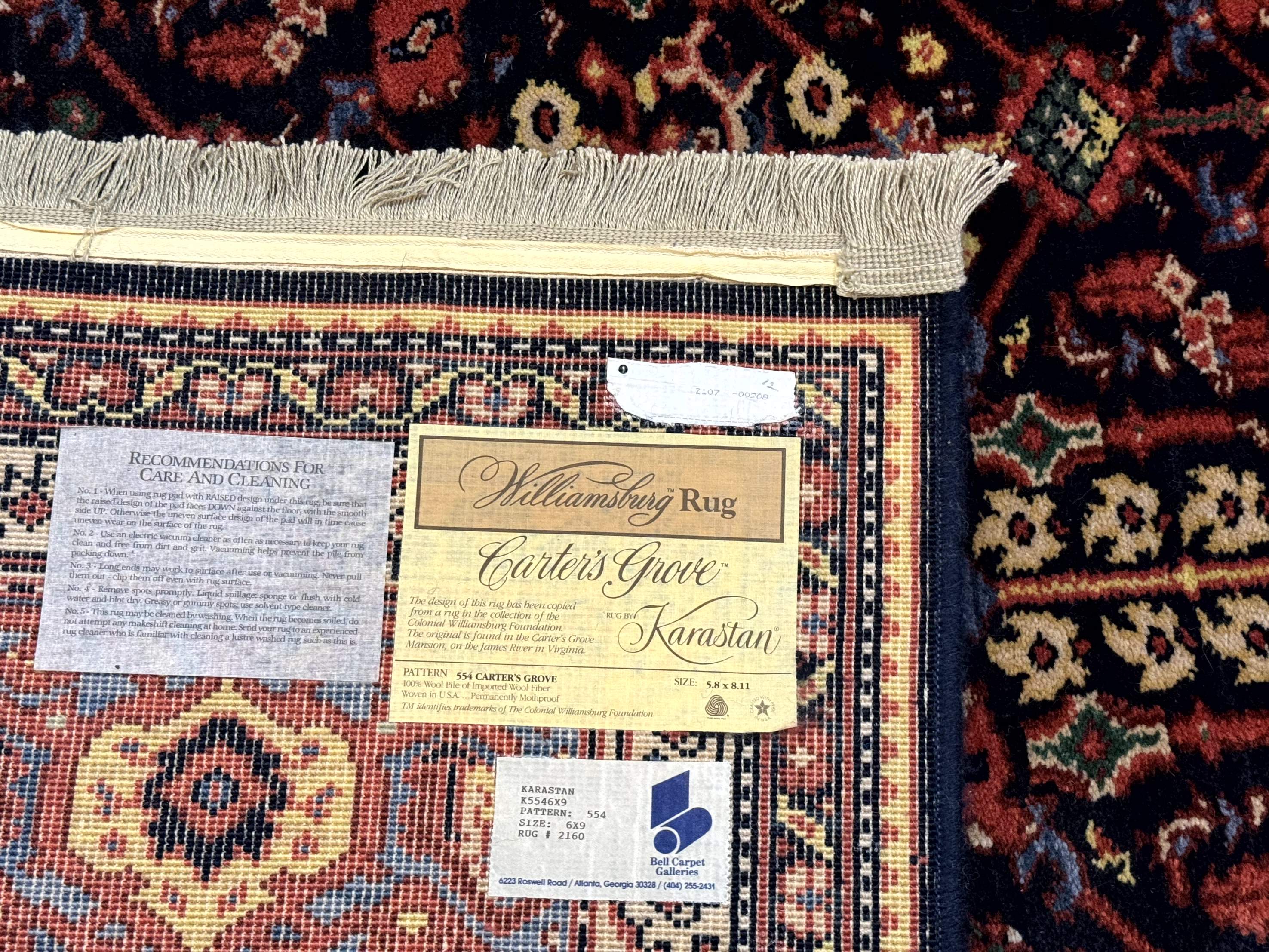 Karastan Rug 6x9 Williamsburg Collection Carters Grove #554 Wool Carpet