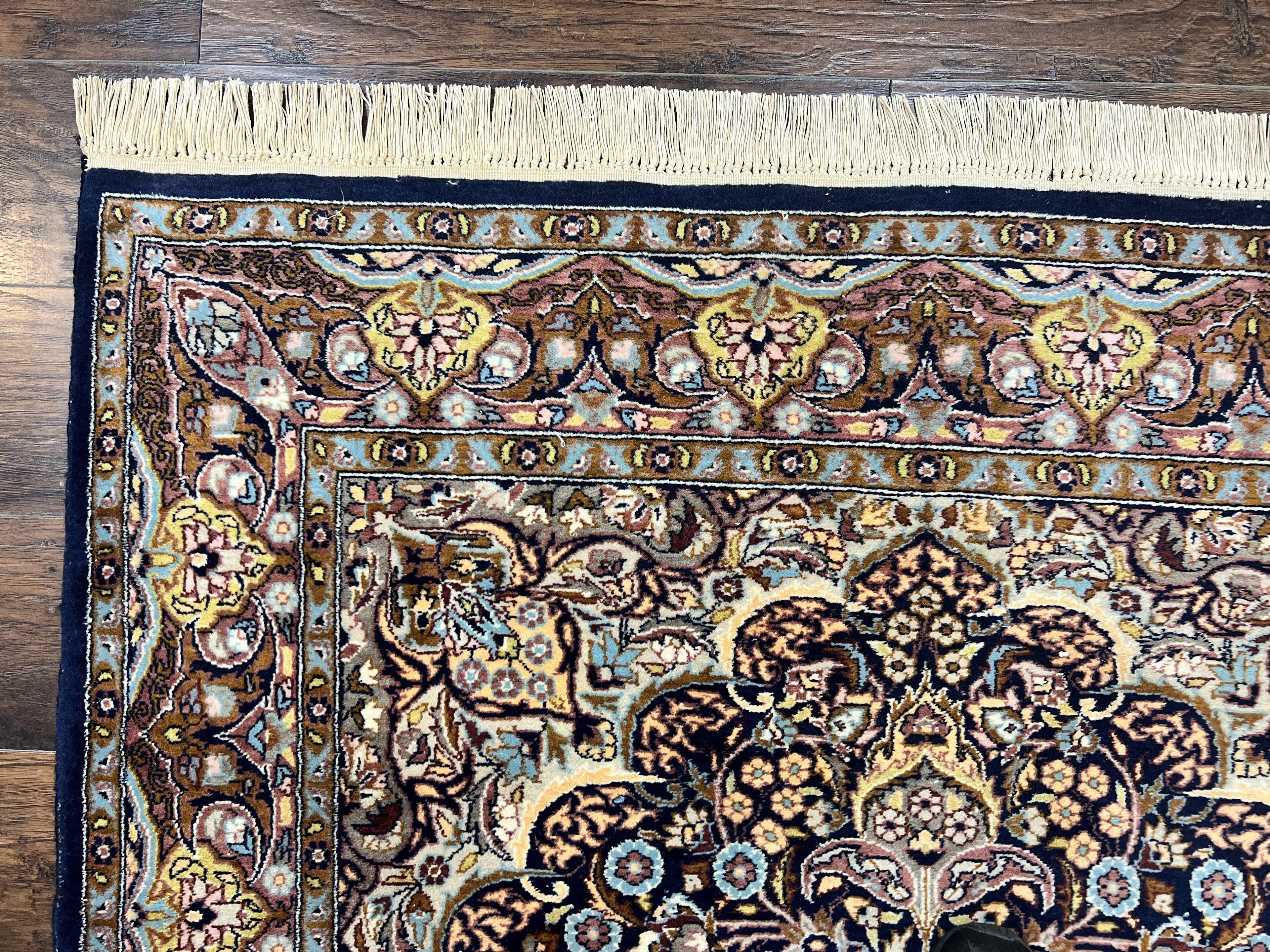 Pak Persian Rug 5x7, Navy Blue Hand Knotted Wool Oriental Carpet 5 x 7 ft, Floral Medallion, Traditional Vintage Pakistani Rug, 225 KPSI