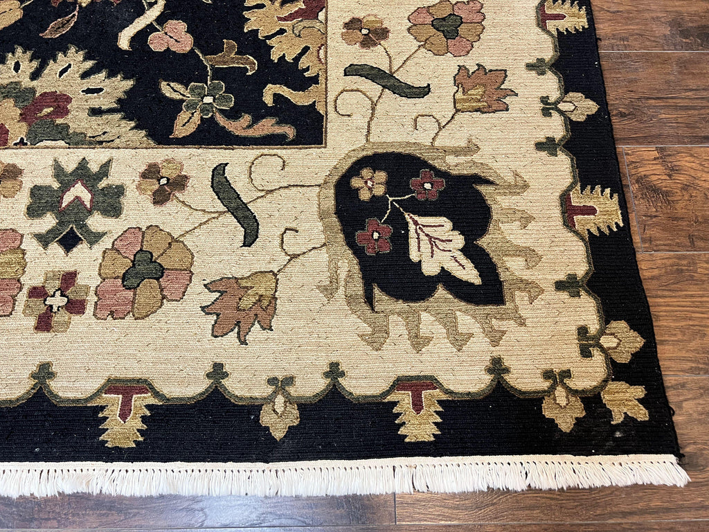 Indo Persian Rug 10x14, Wool Handmade Room Sized Floral Oriental Carpet, Indian Mahal Flatweave Rug, Black Beige