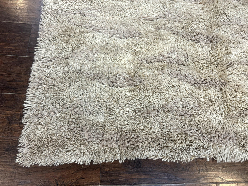 European Rya Shag Rug 6.6 x 9.7, Beige, Fluffy Vintage Area Rug