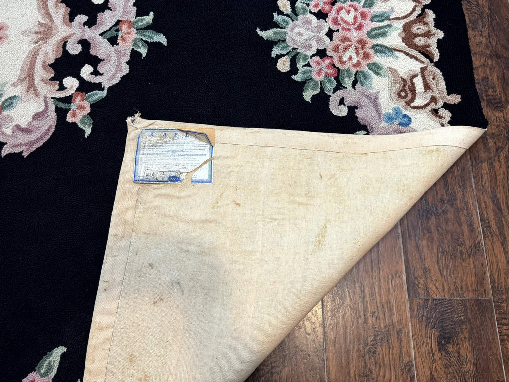 Aubusson Rug 8x11, Black and Ivory, Hooked Rug, Vintage, Wool