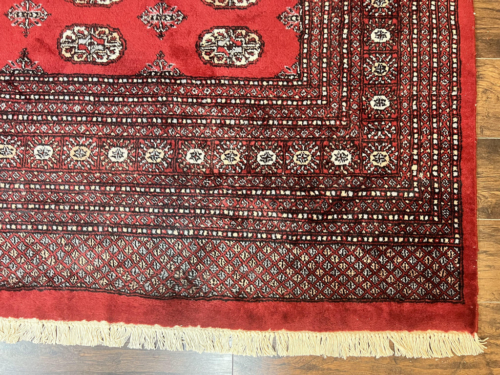 Turkoman Rug 8 x 11.6, Red Bokhara Pakistani Carpet, Wool Handmade Vintage Rug