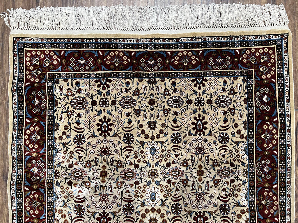 Fine Sino-Persian Silk Rug 3x5, High Quality Silk Carpet, Handmade Small Silk Rug, Allover Repeated Motif, Tan Maroon Blue Vintage Silk Rug