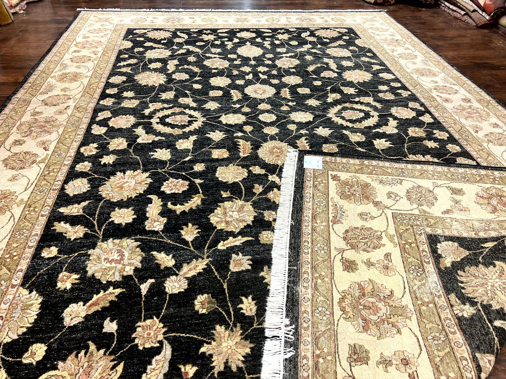 Indo Persian Rug 10x14, Charcoal and Beige, Floral Allover, Handmade Vintage Wool Carpet
