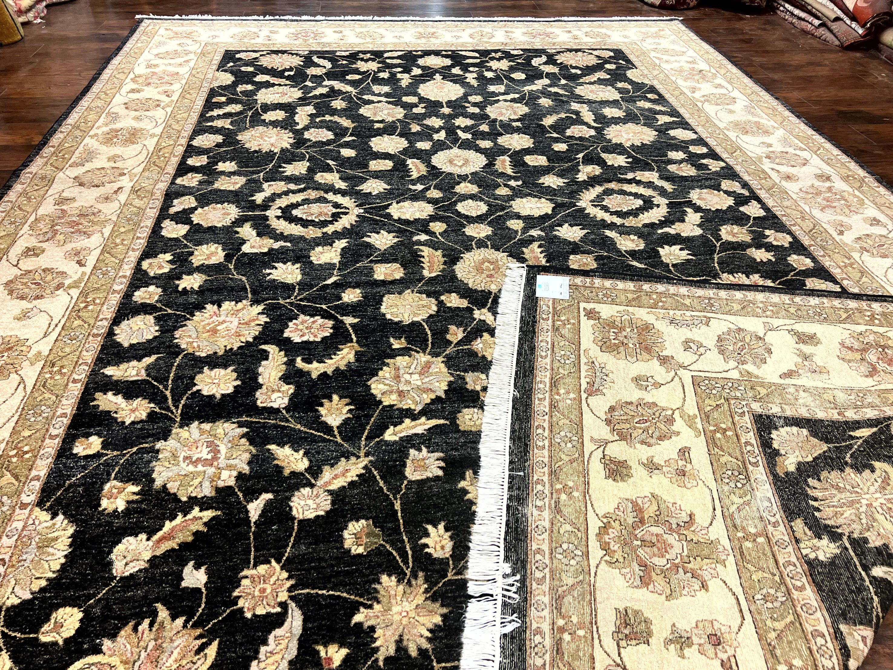 Indo Persian Rug 10x14, Charcoal and Beige, Floral Allover, Handmade Vintage Wool Carpet